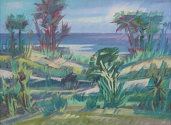 Signed American Modernist Tropical Beach Scene Framed Panoramic Oil Painting