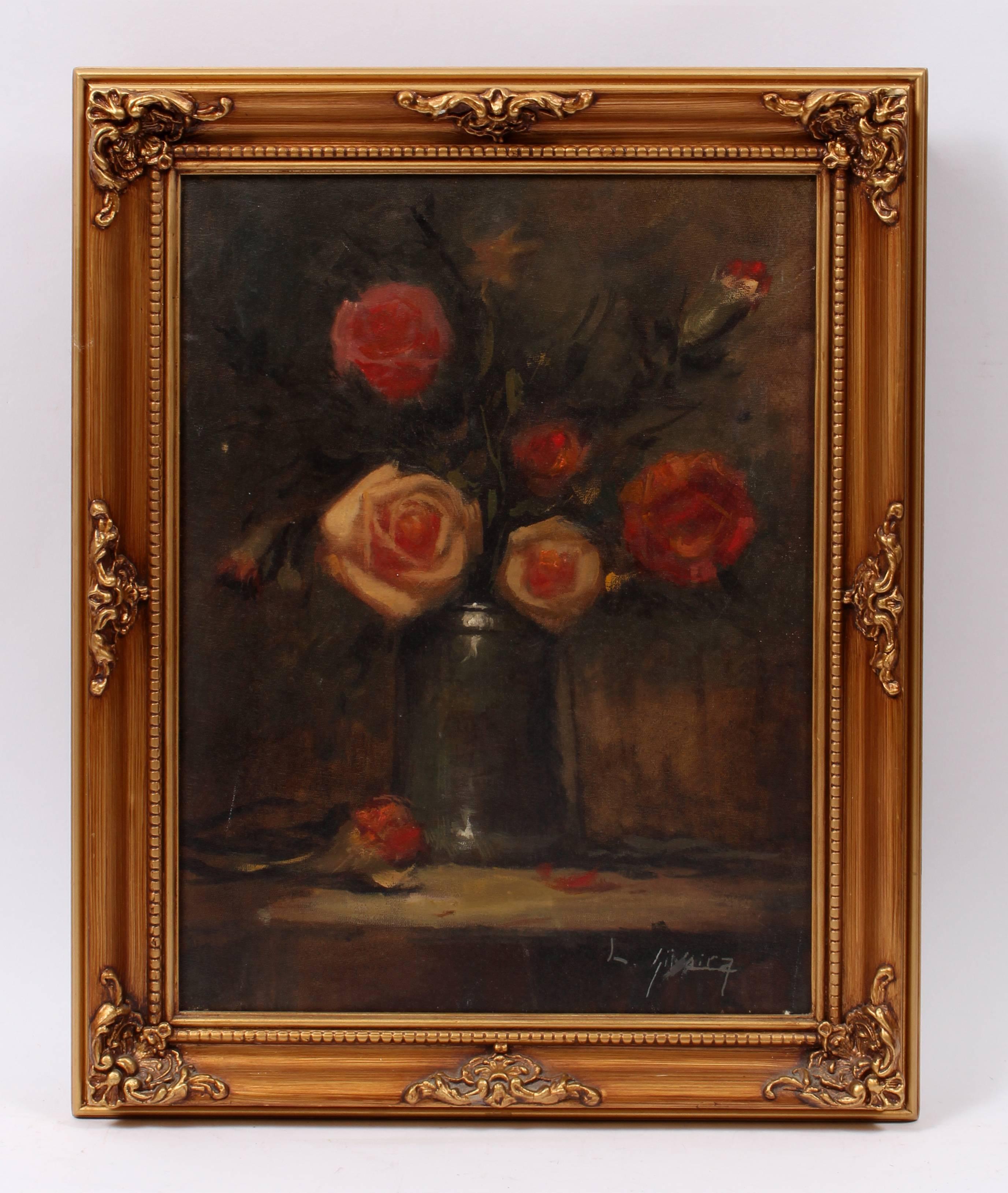 Vase américain ancien Roses Cadre or Rose Couleurs foncées signature mystère - Painting de Unknown