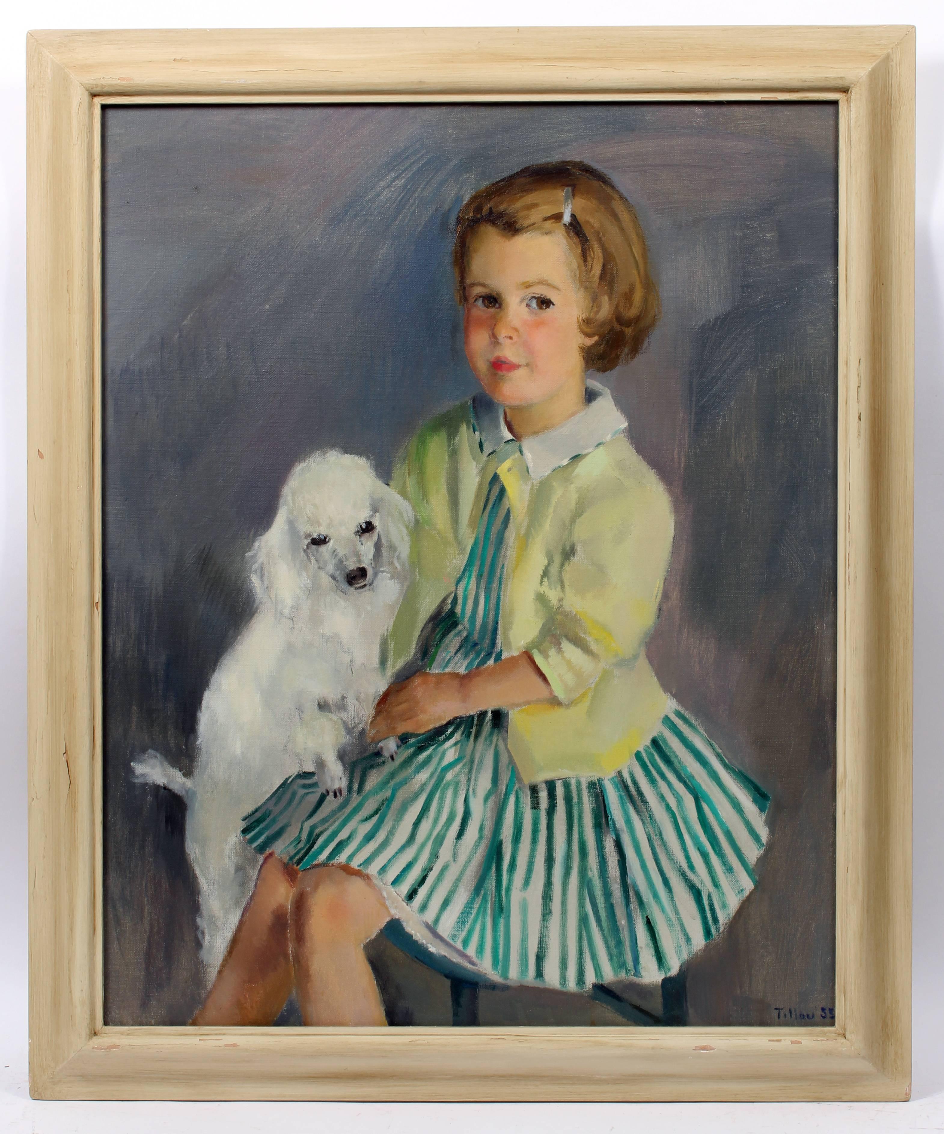 Young Girl with Poodle - Painting by Virginia Tillou