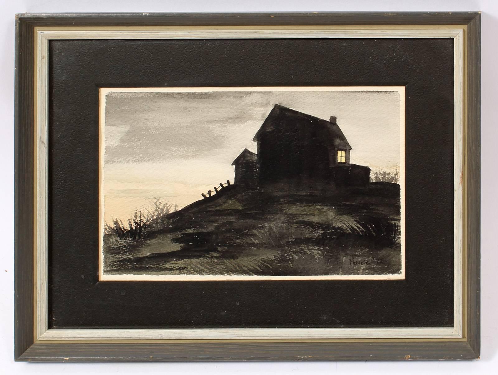 Umwerfende Landschaft mit Haus auf einem Hügel – Painting von Unknown