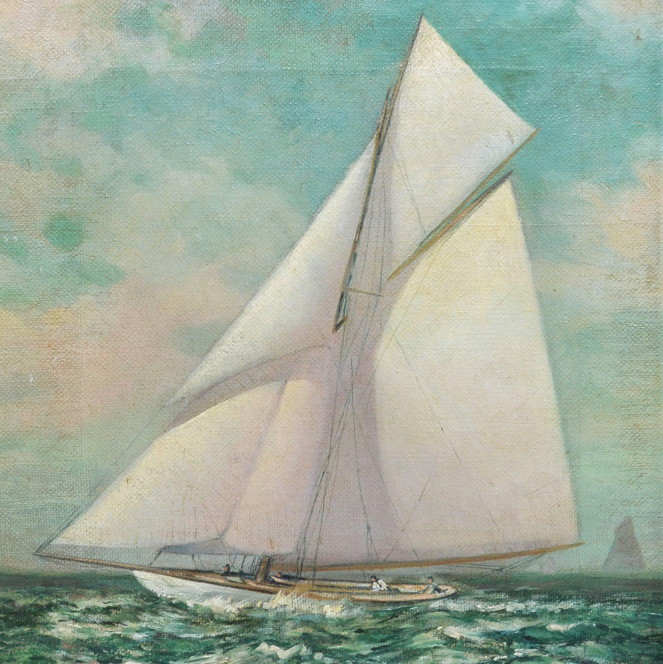 American School Sailboat Race Seascape - Gray Landscape Painting by Unknown