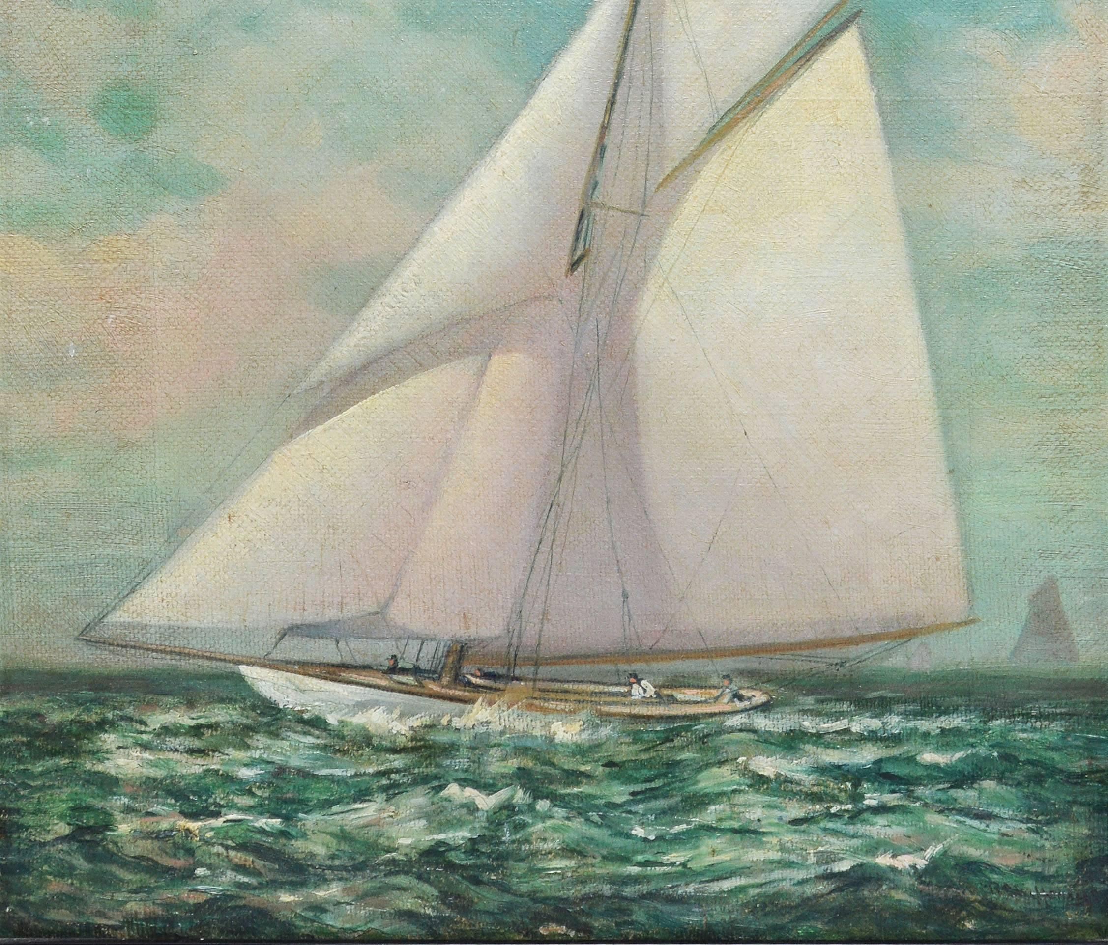 Impressionist seascape of a sailboat on the ocean.  Oil on canvas, circa 1910.  Signed illegibly lower right.  Displayed in a giltwood frame.  Image size, 12"L x 14"H, overall 16"L x 18"H.