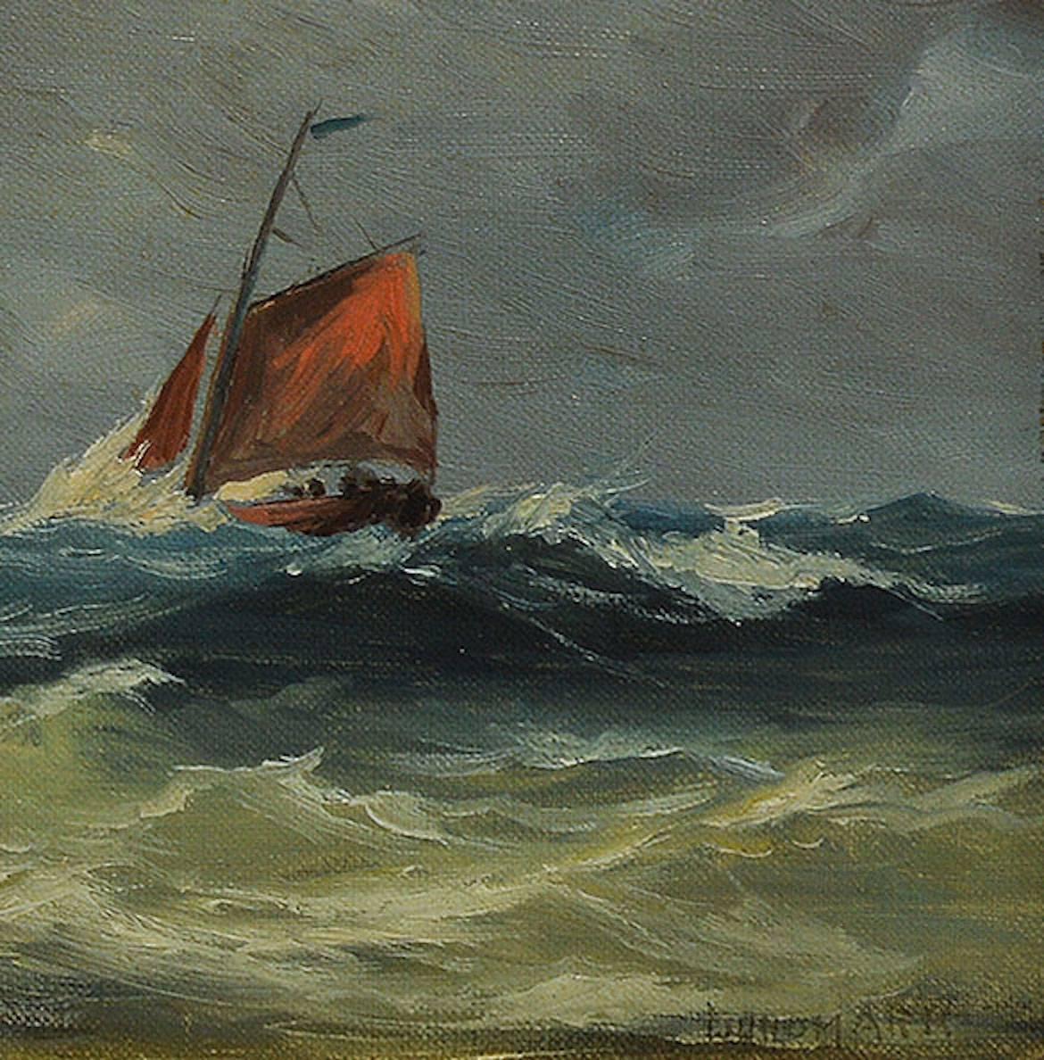Impressionist seascape painting with ships by Leon Lundmark  (1875 - 1942).  Oil on board, circa 1920.  Signed lower right, 