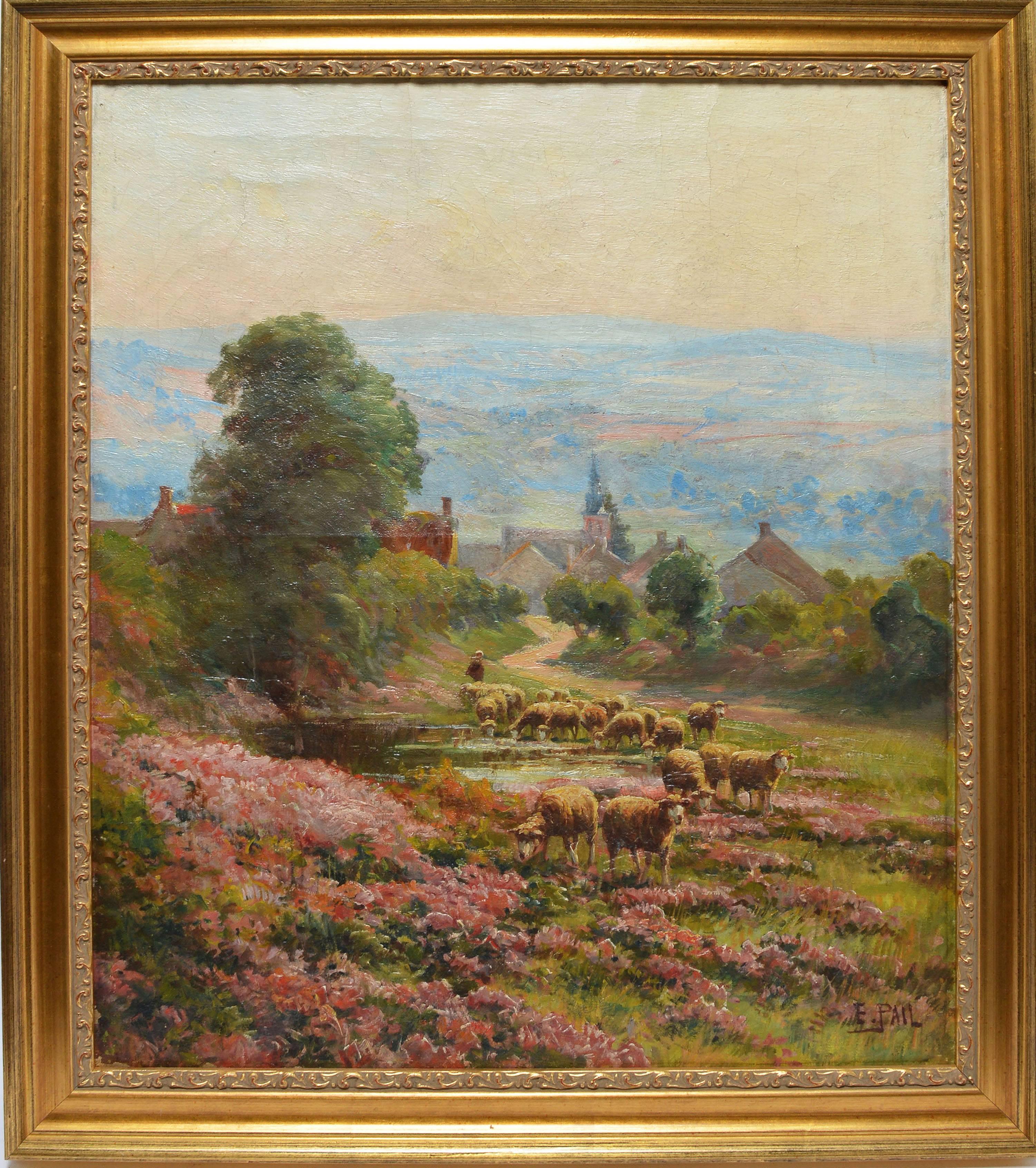 Impressionist landscape with sheep grazing among wild flowers by Edouard Pail  (1851 - 1916).  Oil on canvas, circa 1880.  Signed lower right, "E. Pail".  Displayed in a giltwood frame.  Image size, 18"L x 22"H, overall 22"L x 26"H.
