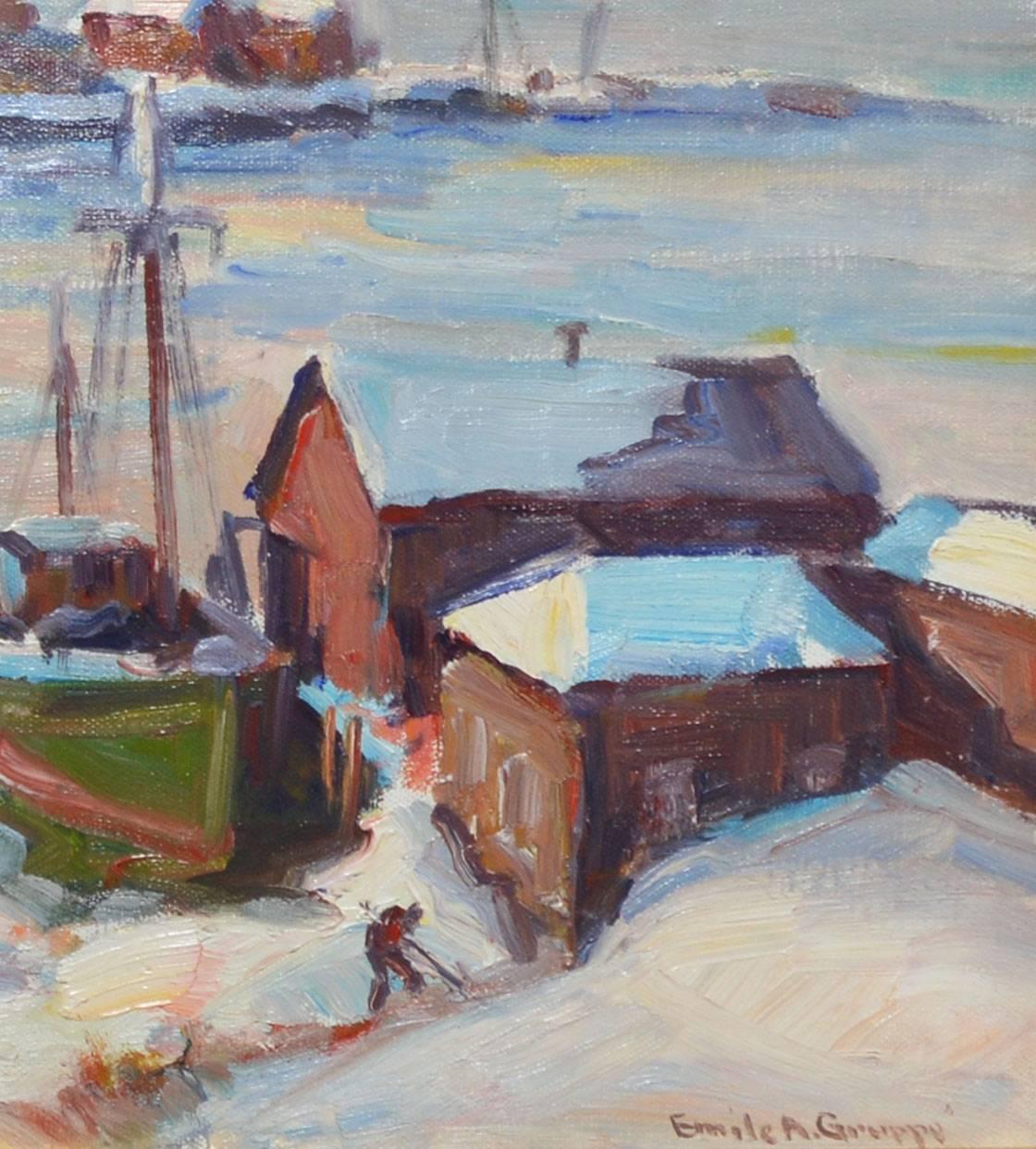 Smith Cove Winter Harbor View by Emile Gruppe - Brown Landscape Painting by Emile Albert Gruppe