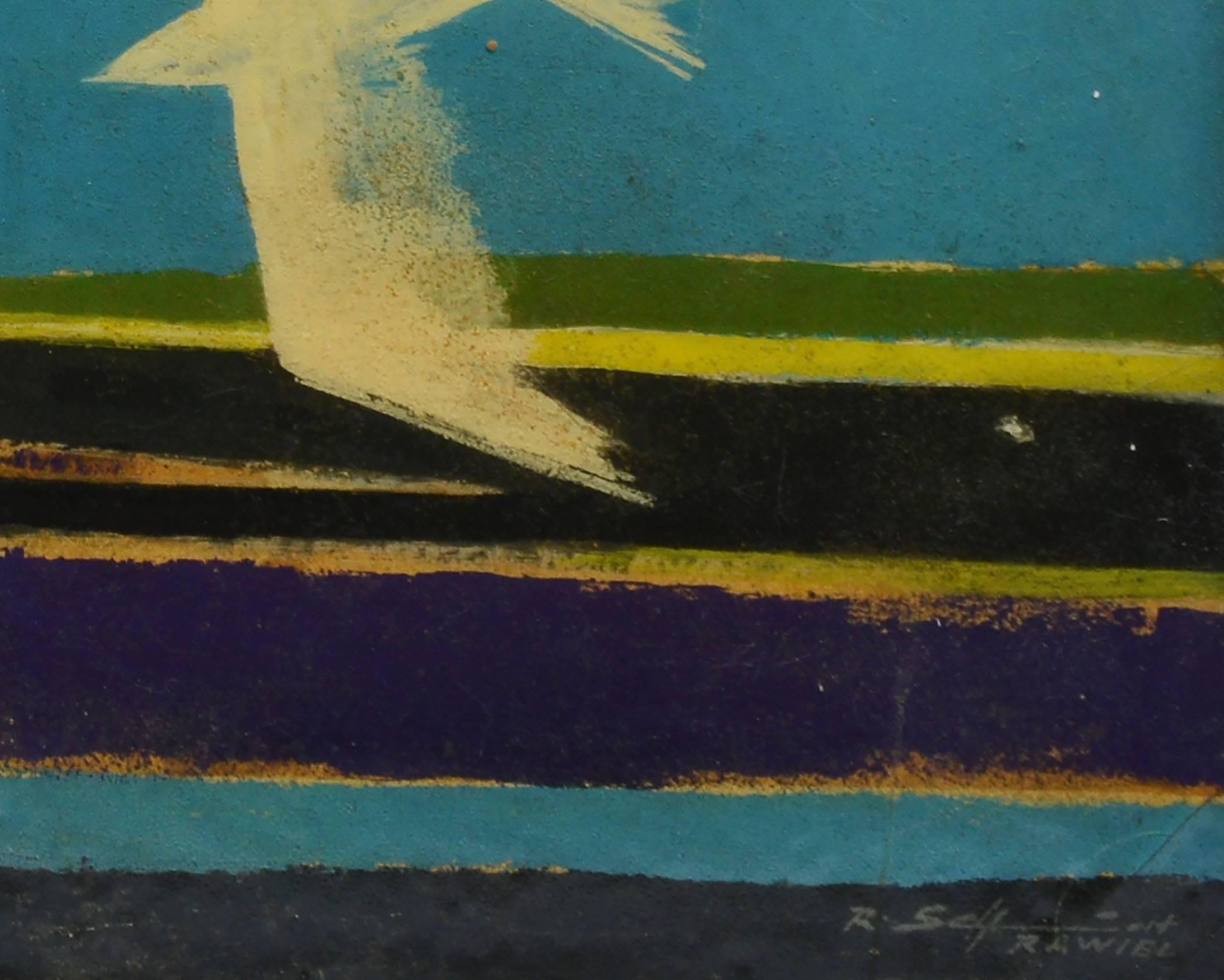 Modernist abstracted landscape with a flying bird.  Oil on board, circa 1940.  Signed illegbily lower right.  Displayed in a black modernist frame.  Image size, 29