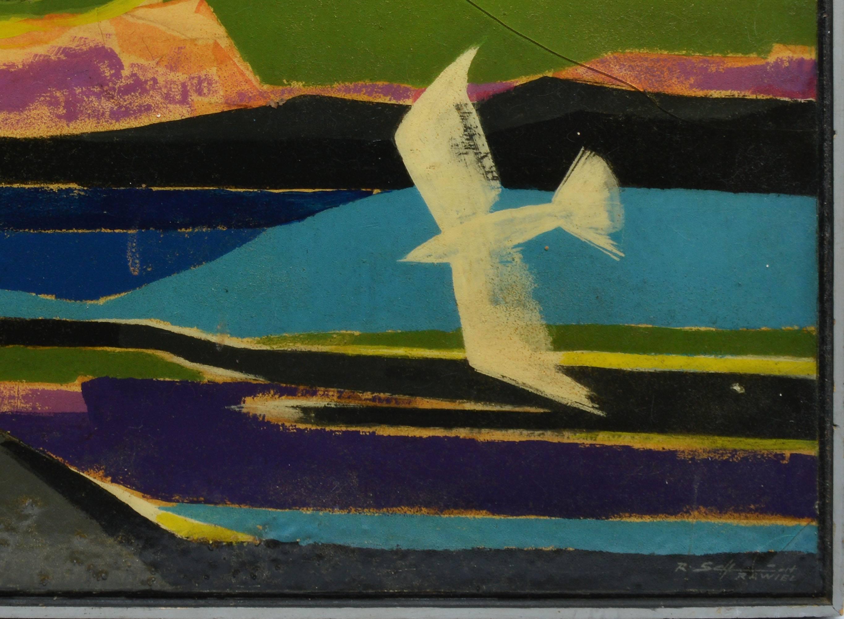 Modernist Abstracted Landscape with Flying Bird - Black Abstract Painting by Unknown