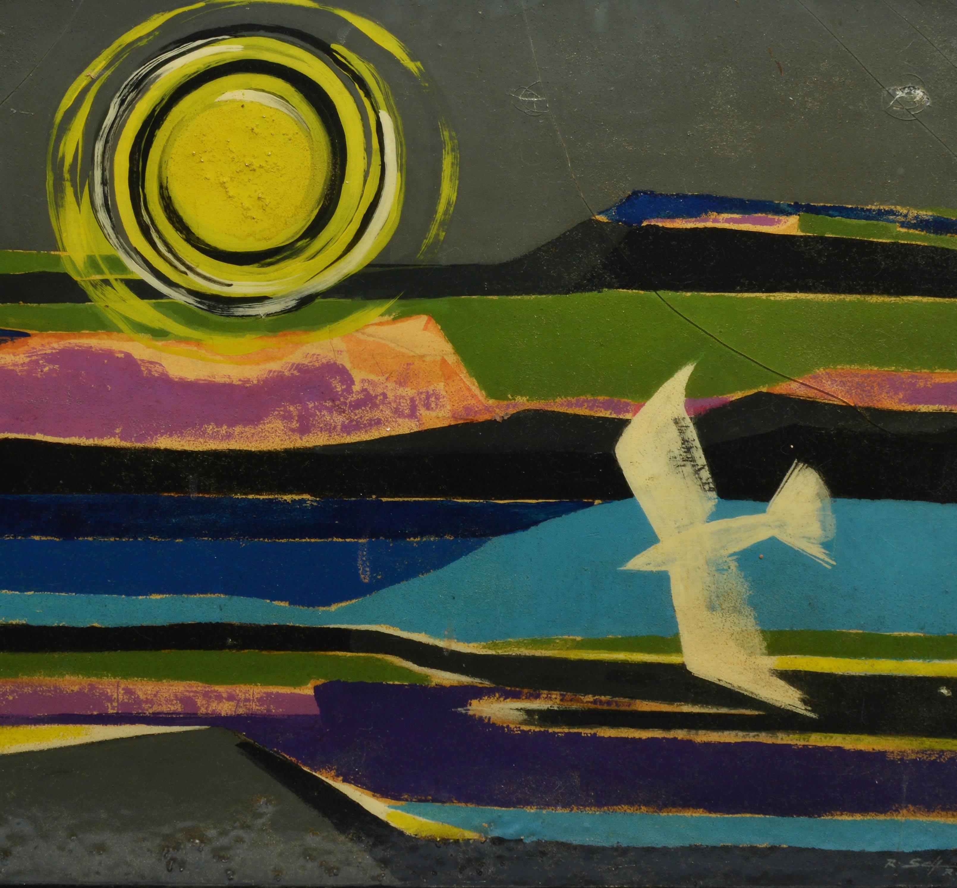 Modernist Abstracted Landscape with Flying Bird - Painting by Unknown