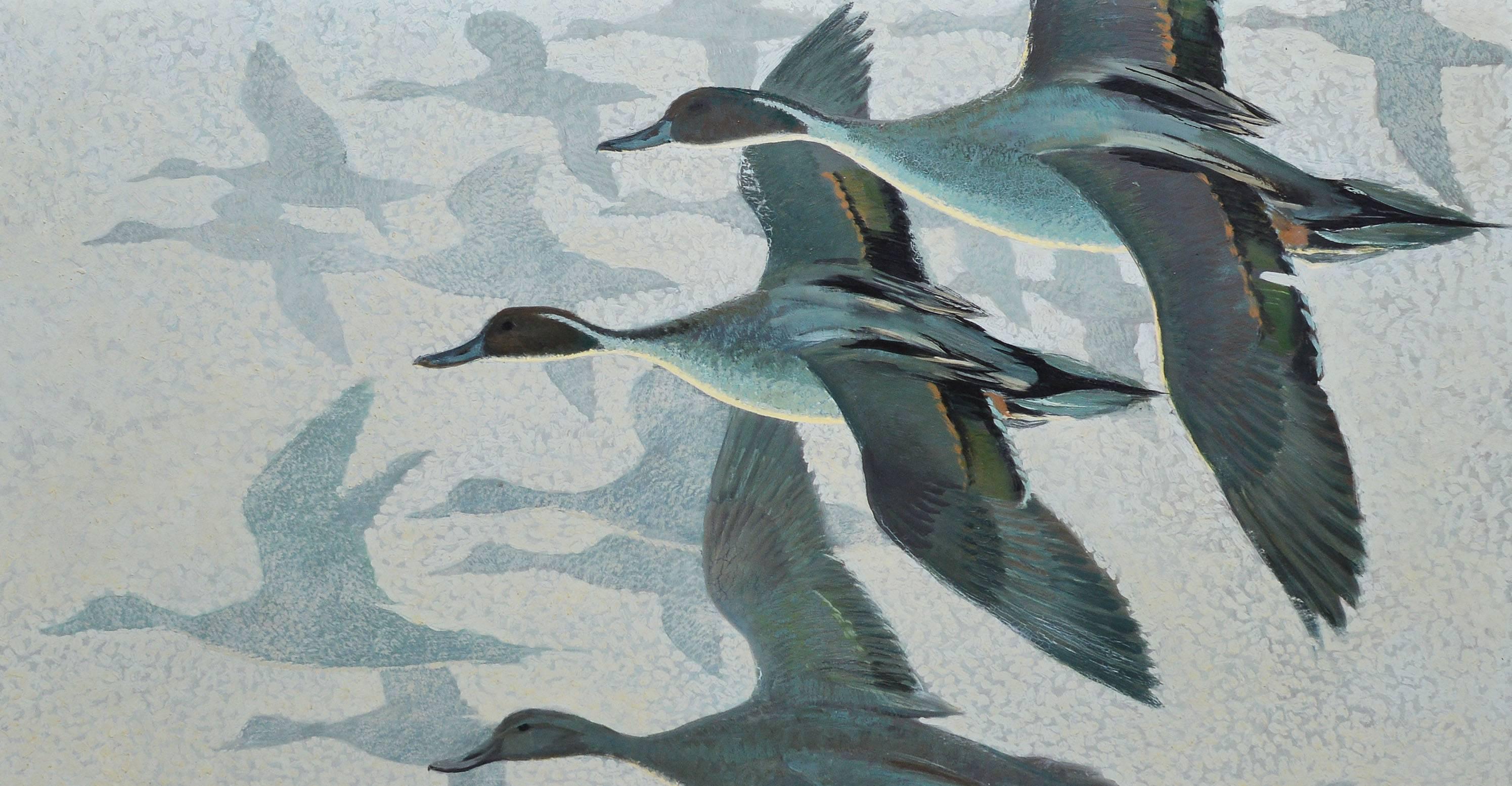 Pintail Ducks in Flight, Modernist Painting by Keith Shackleton 2