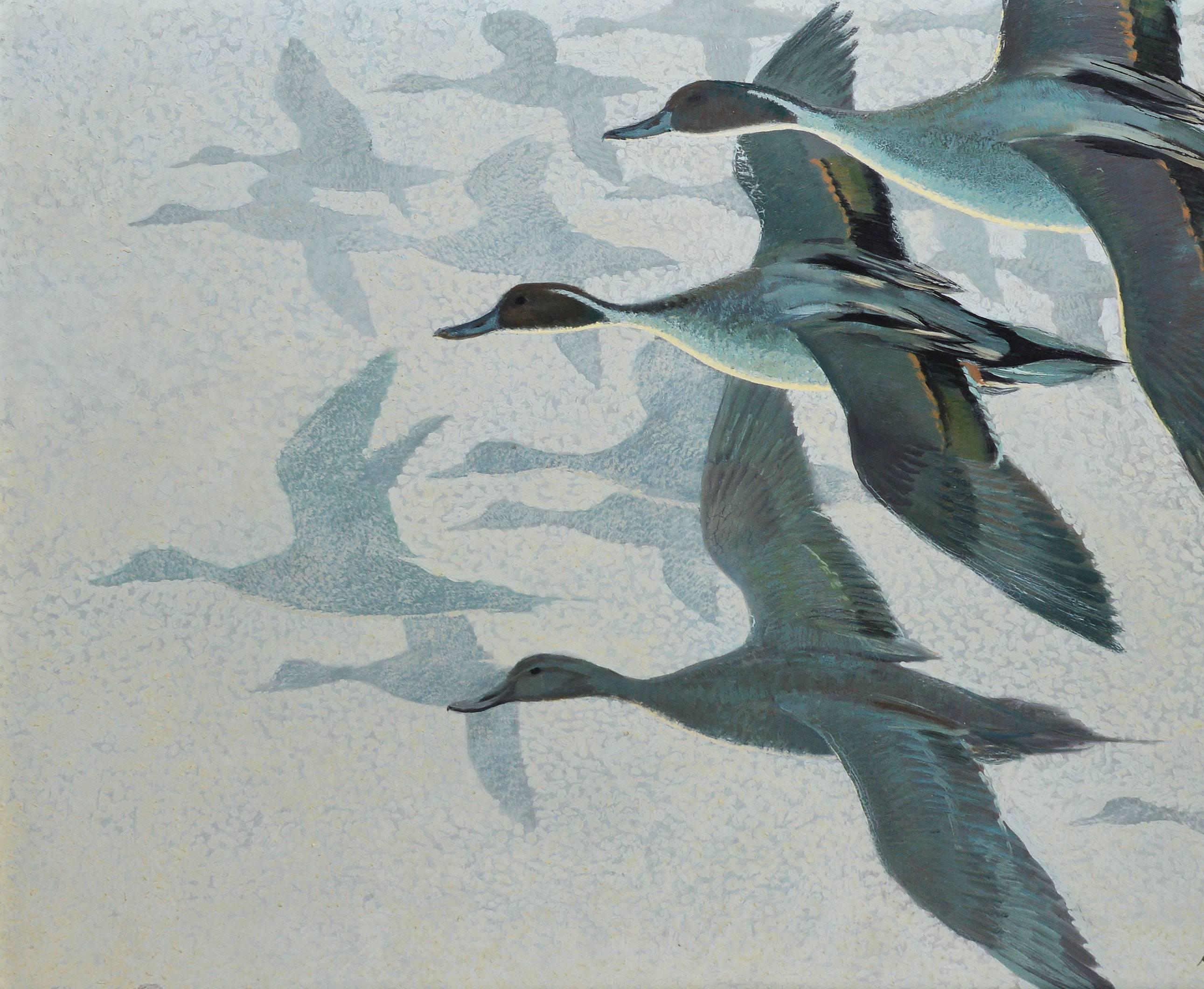 Modernist oil painting of Pintail Ducks in flight.  Oil on board, circa 1950.  Signed lower right, 