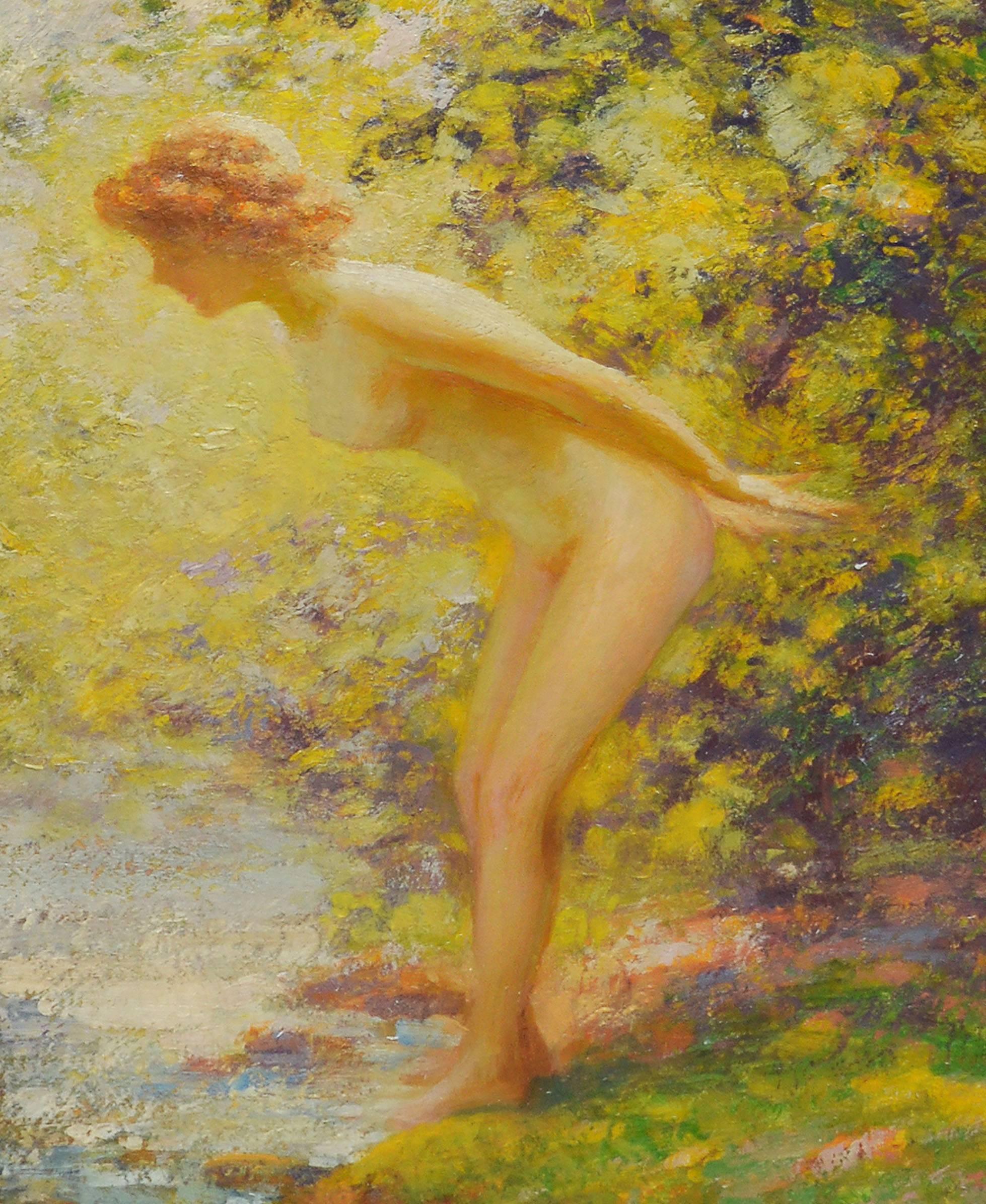 Impressionistisches Porträt einer nackten Frau im Wald von Gaspare J Ruffolo  (1908 - 1997).  Öl auf Karton, um 1941.  Unterzeichnet 