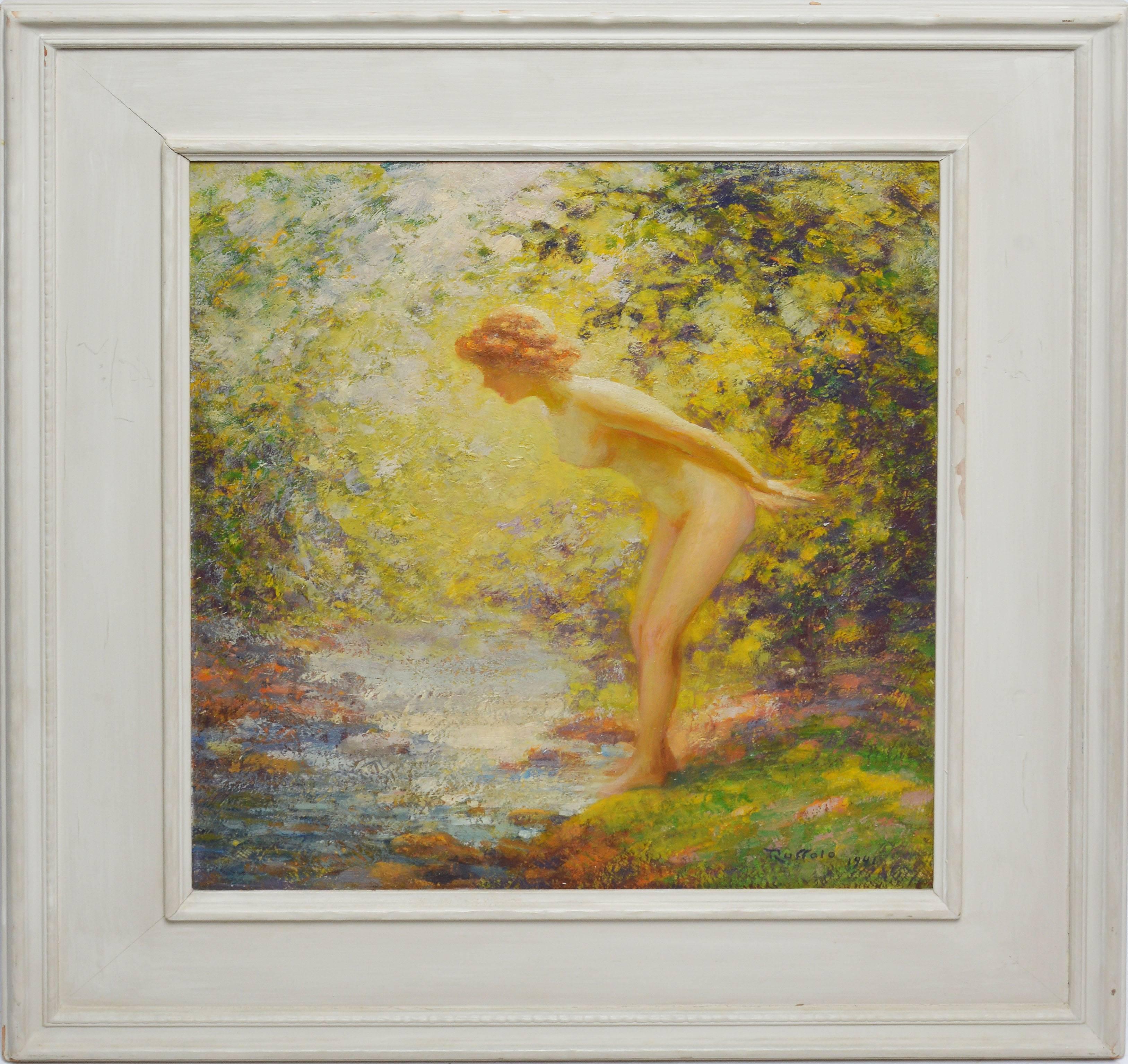 Gaspare J. Ruffolo Nude Painting – „“Faszination“, Nackte Frau im Wald von Gaspare J Ruffolo