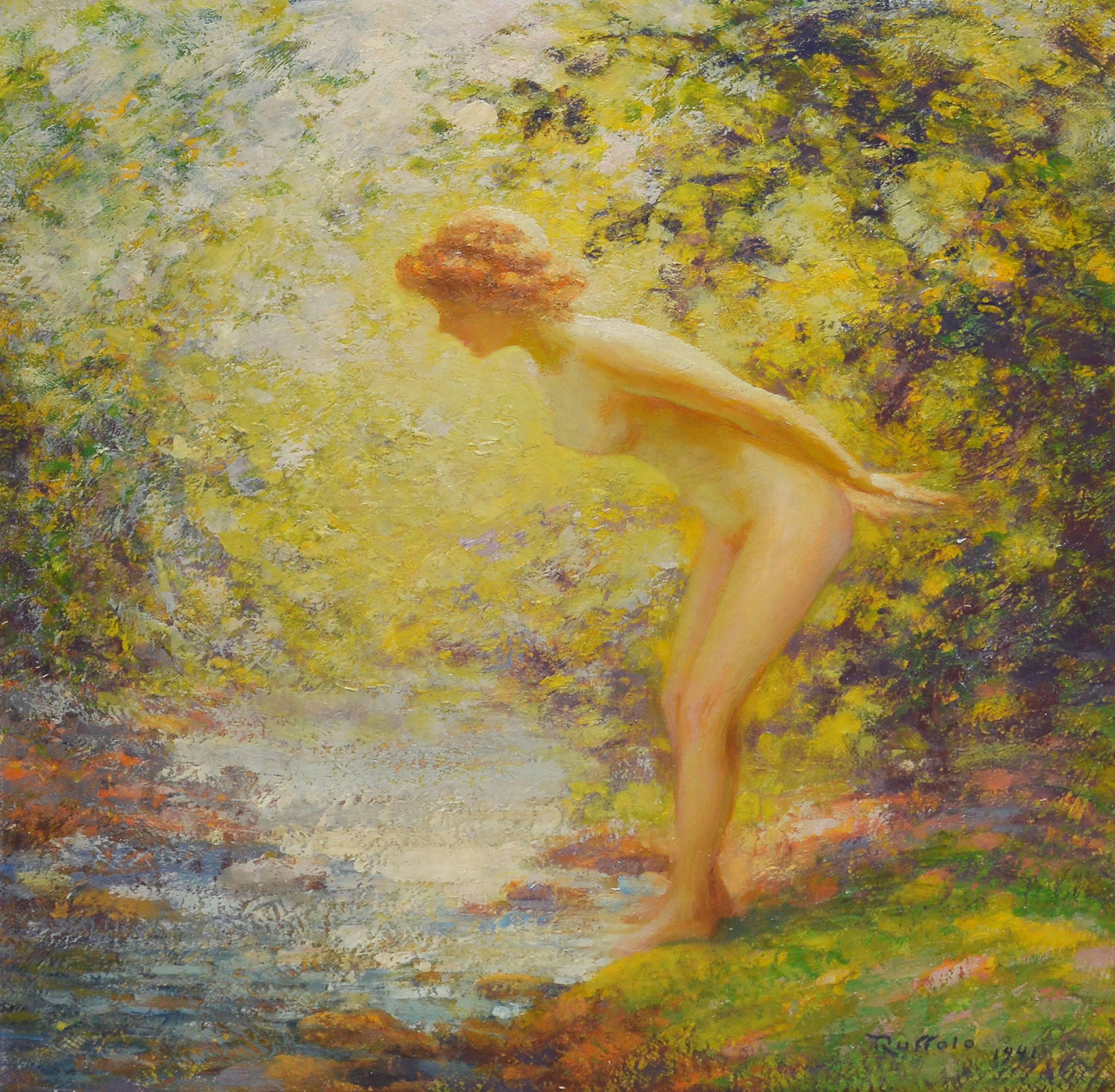 „“Faszination“, Nackte Frau im Wald von Gaspare J Ruffolo (Impressionismus), Painting, von Gaspare J. Ruffolo