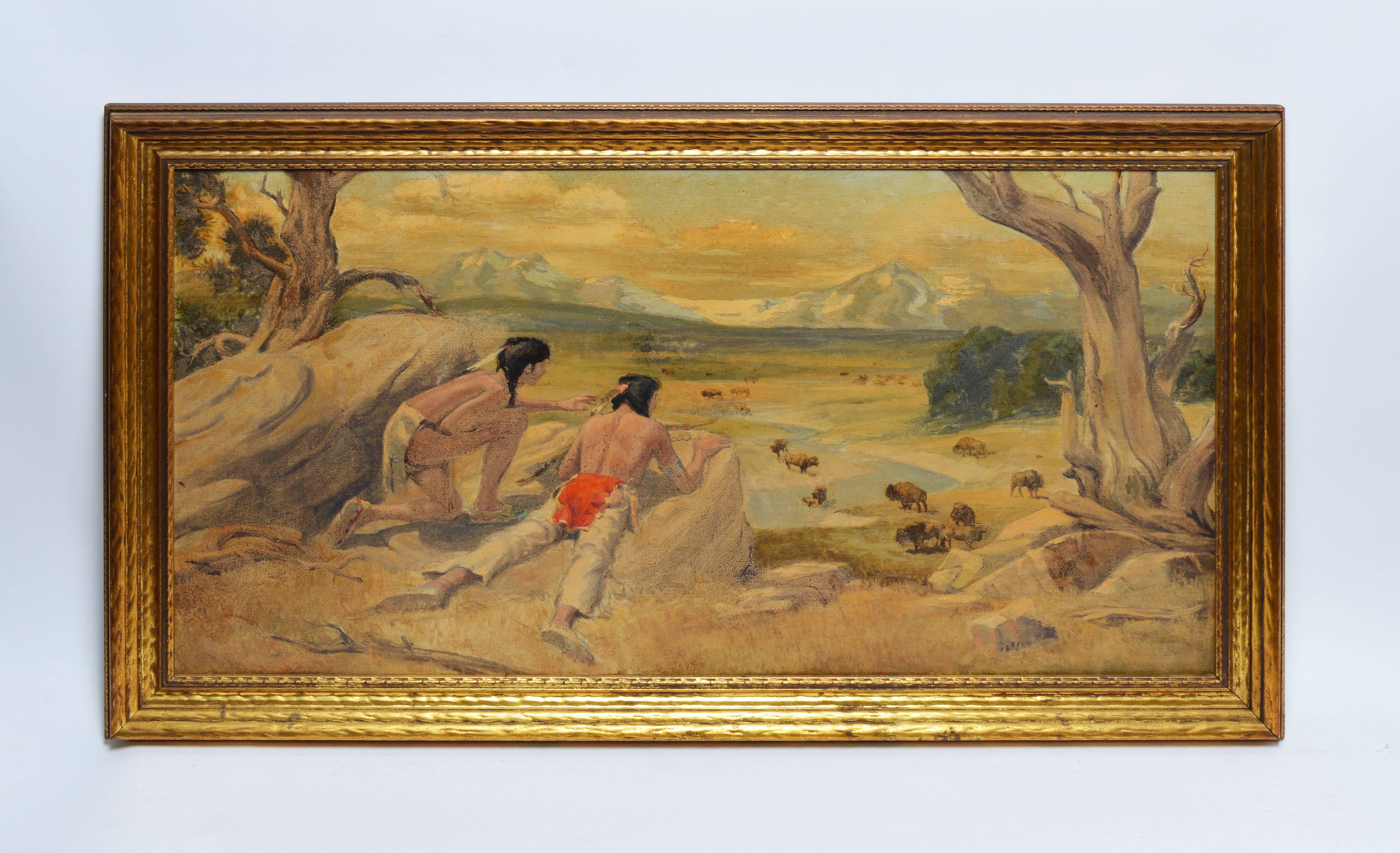 Scouting the Buffalo, Western Native American School Landscape - Painting by Unknown