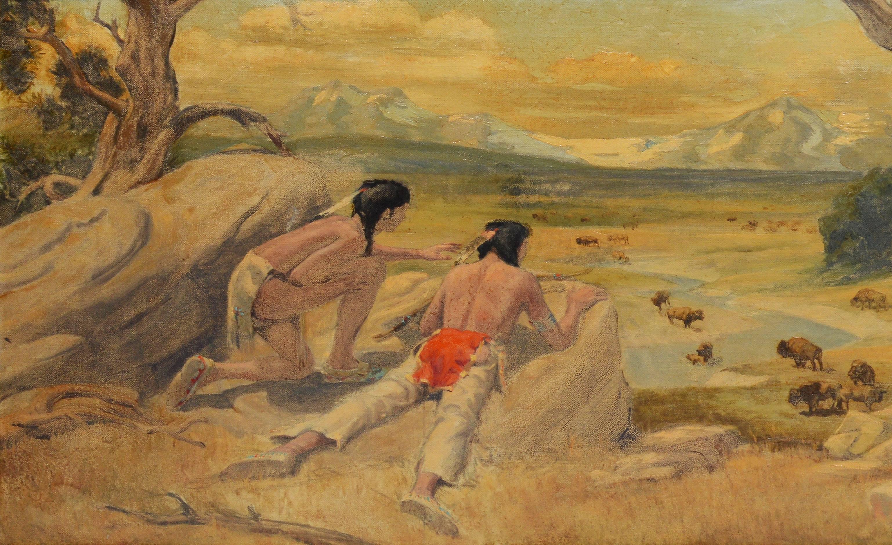 Scouting the Buffalo, Western Native American School Landscape - Impressionist Painting by Unknown