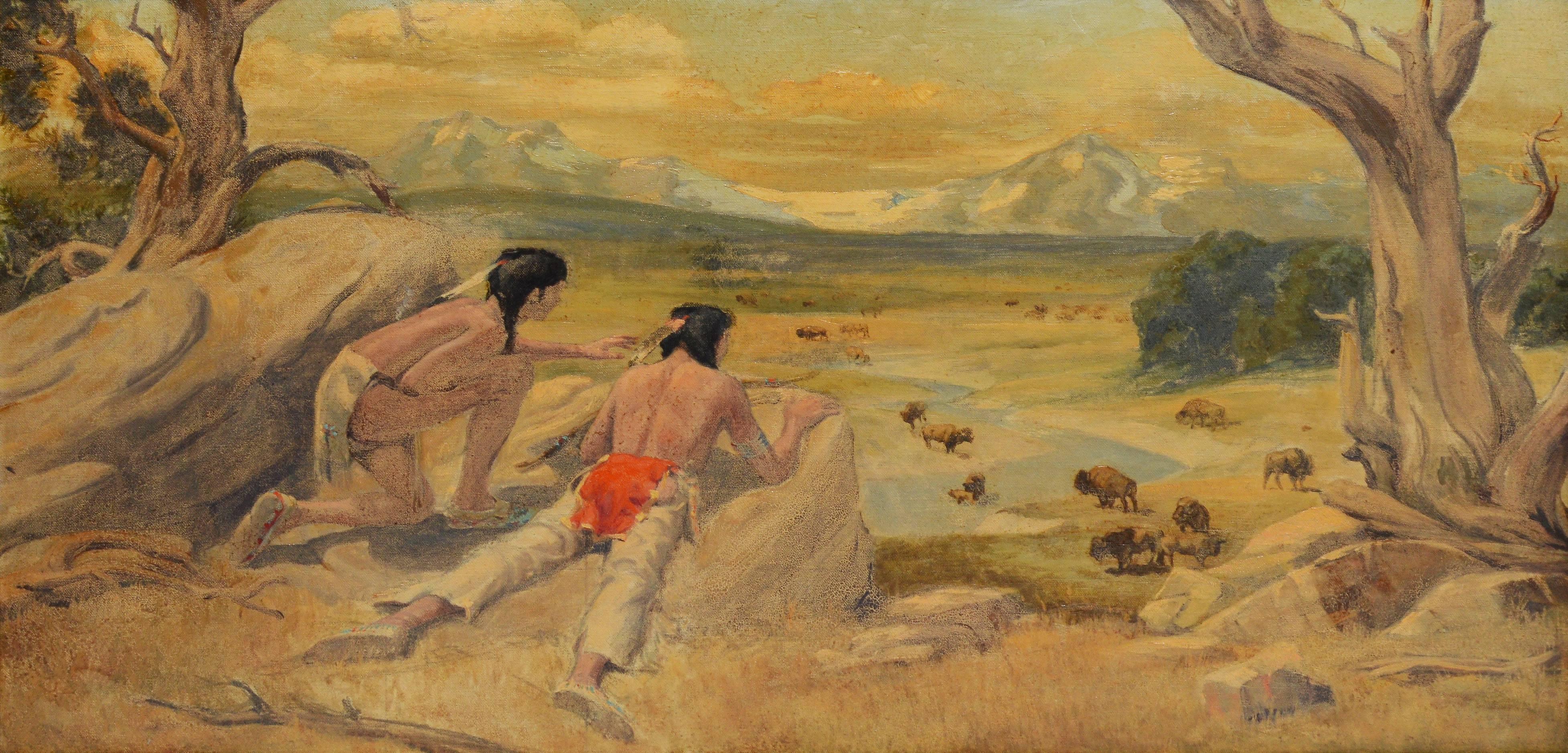 Scouting the Buffalo, Western Native American School Landscape - Brown Landscape Painting by Unknown