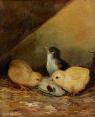 Antique Three Chicks Nibbling on an Oyster