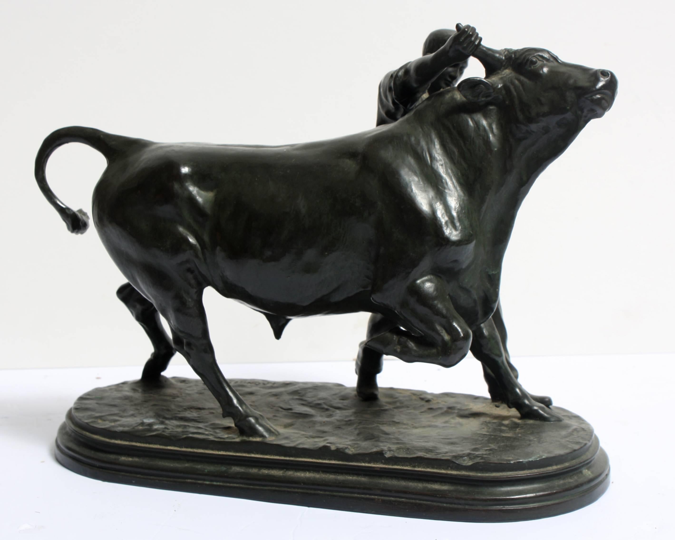 Isidore Jules Bonheur Figurative Sculpture - Man Taming a Bull