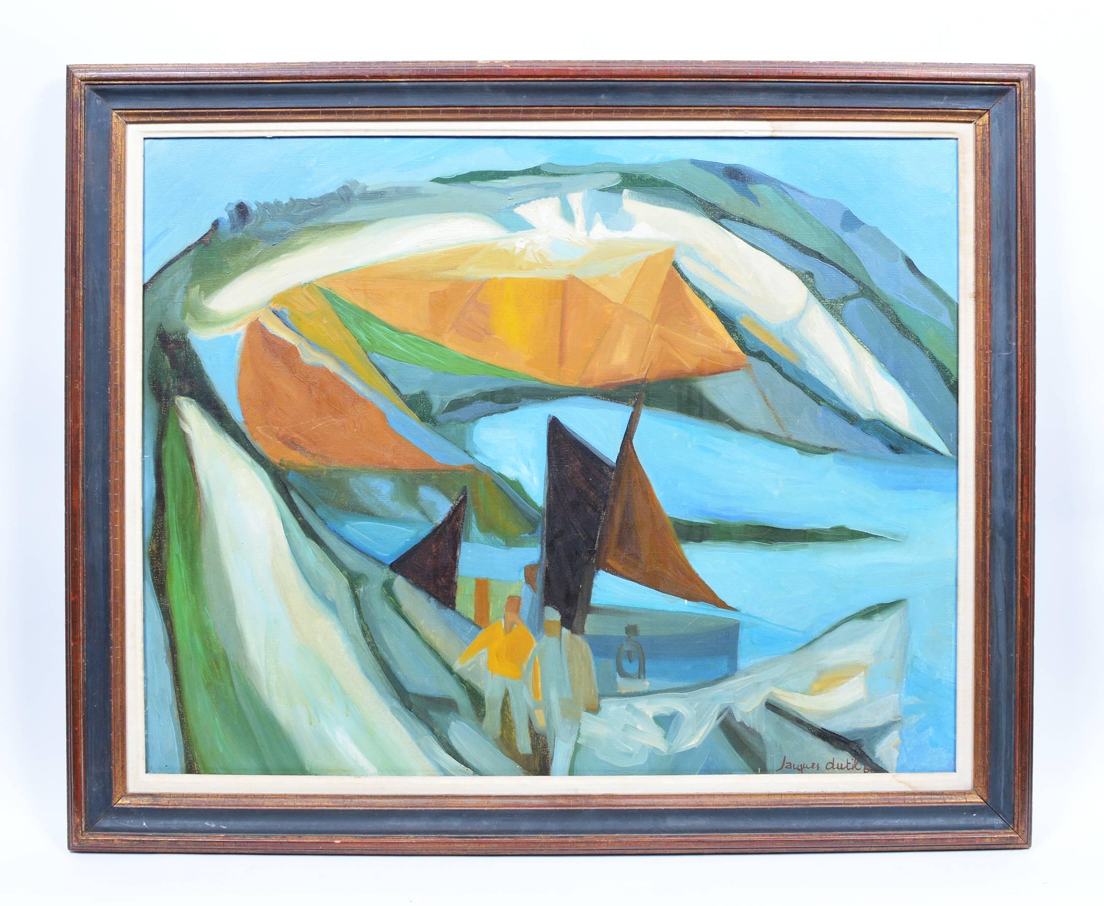 Jacques Dutil Landscape Painting - Cubist Harbor Scene