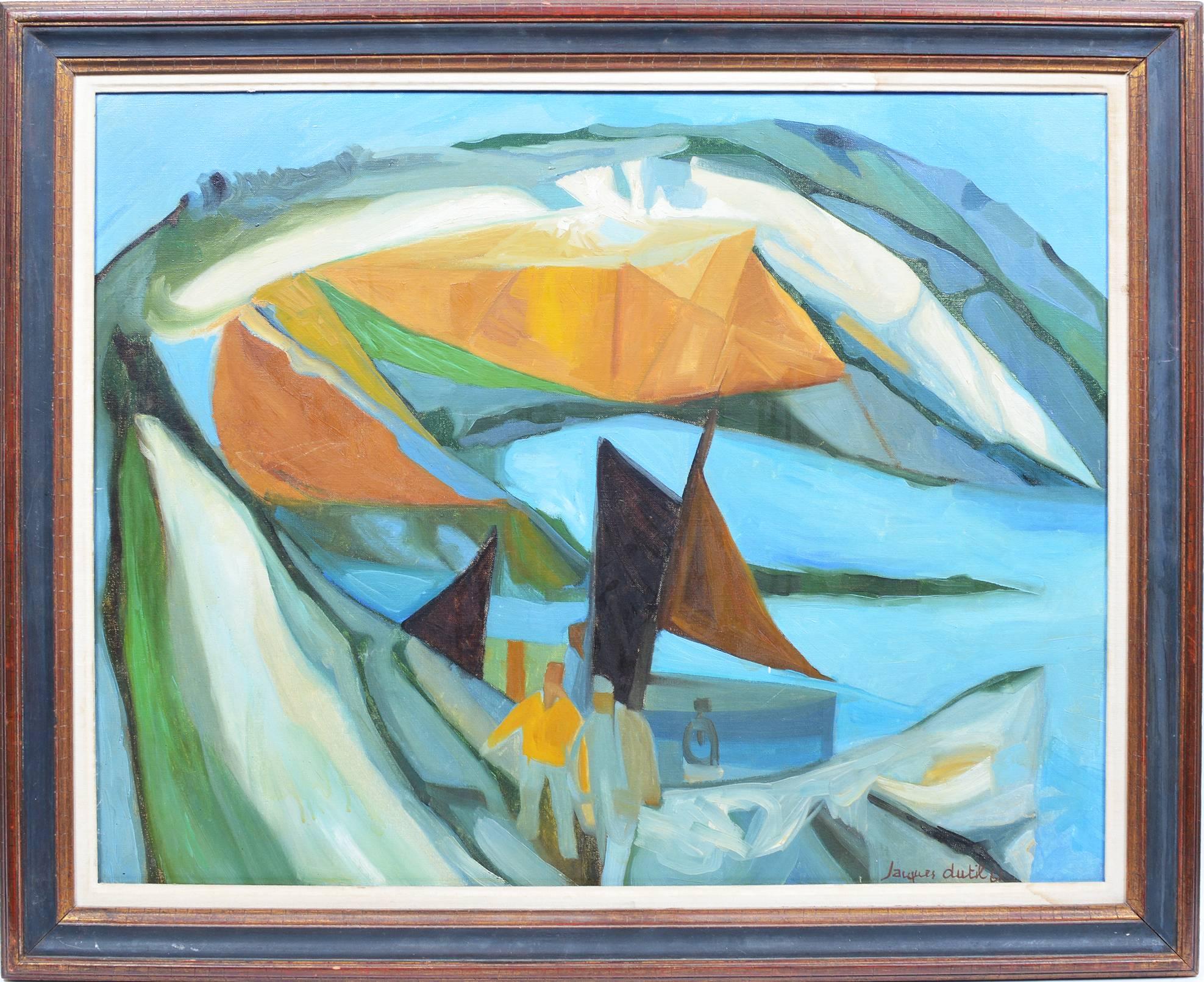 Cubist Harbor Scene - Painting by Jacques Dutil