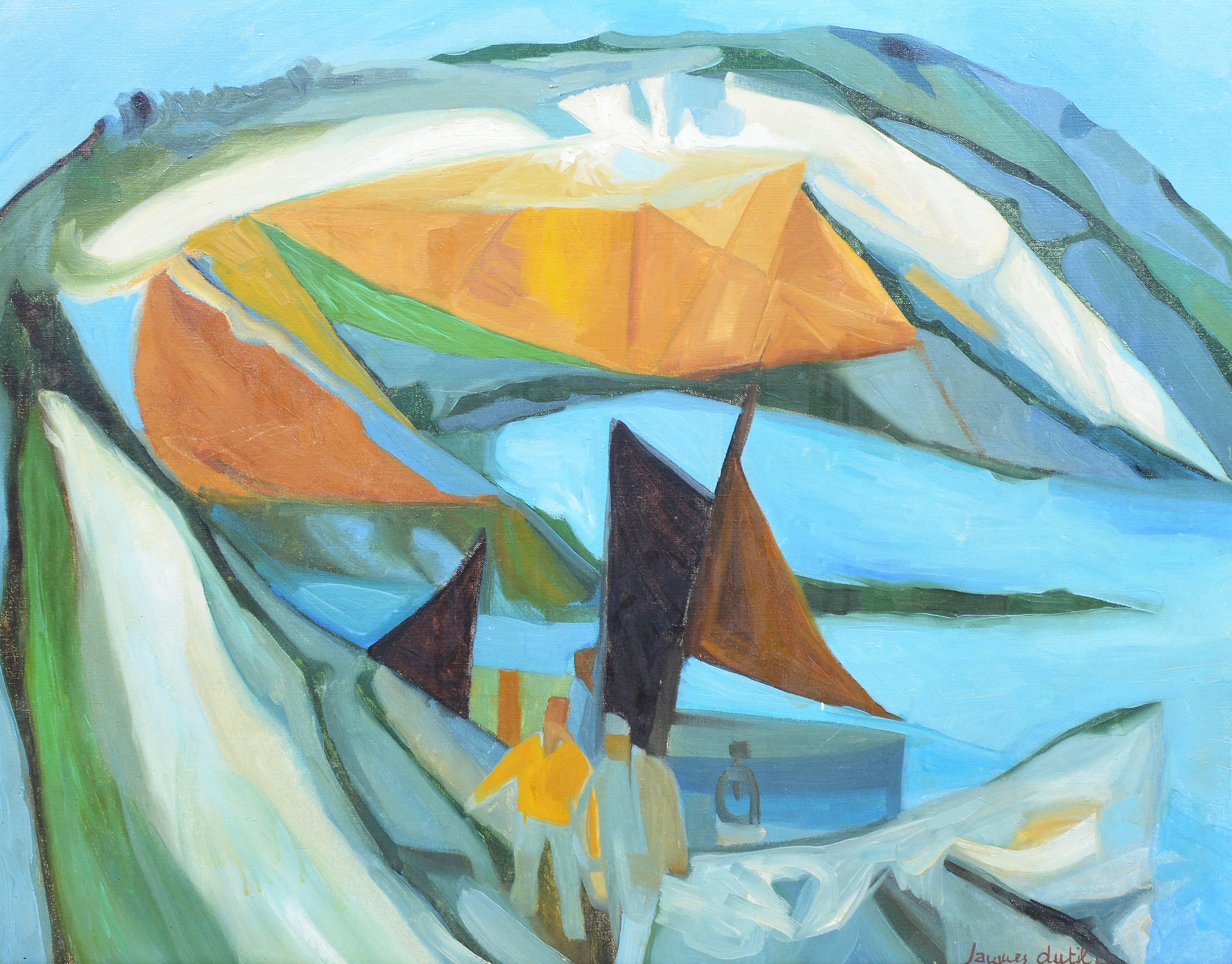 Cubist Harbor Scene - Blue Landscape Painting by Jacques Dutil