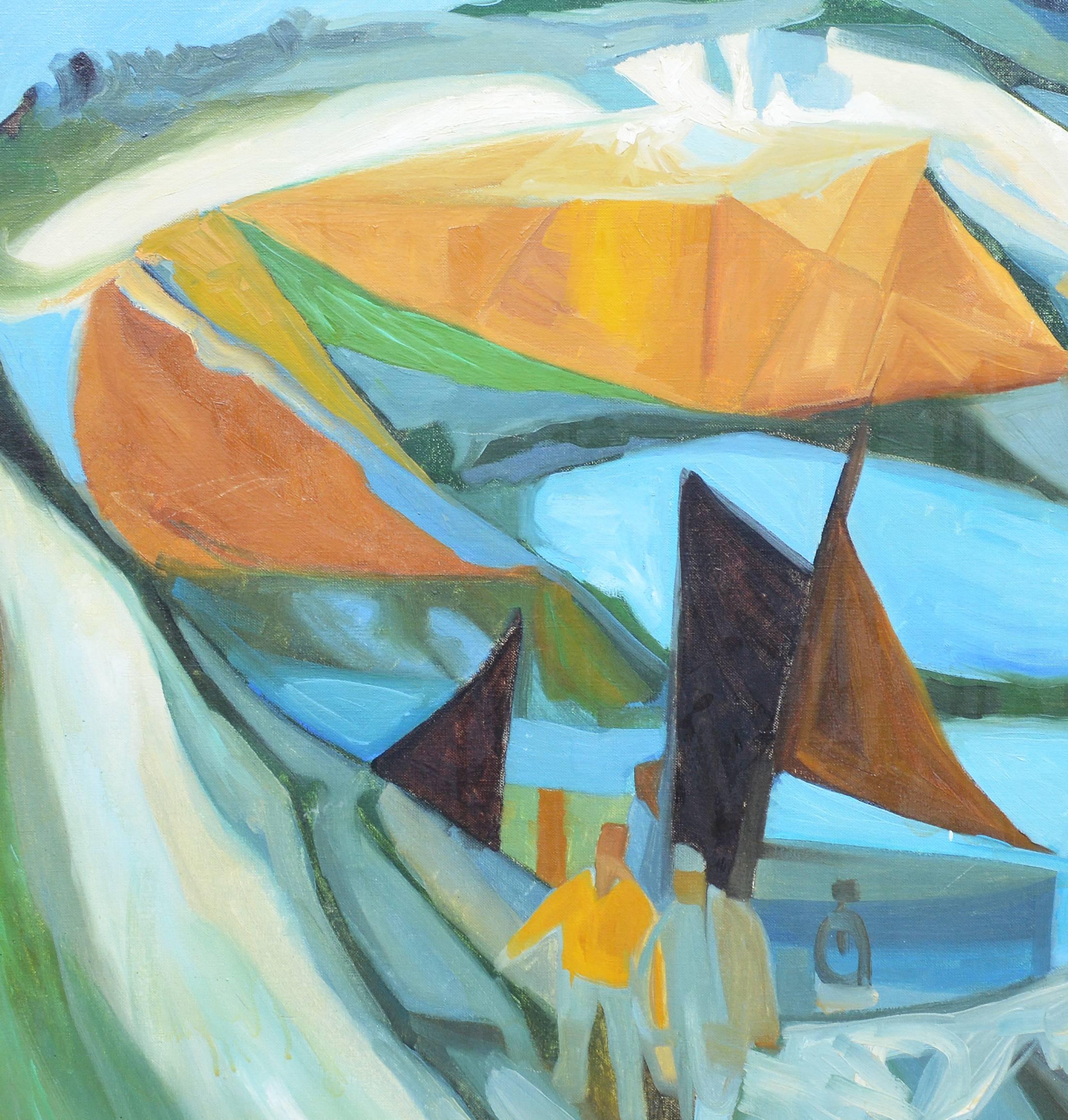 Cubist-style harbor scene by French artist Jacques Dutil. Signed, 