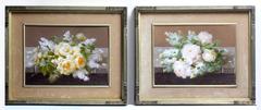 Antique Pair of Floral Still Life Paintings (White and Yellow Roses)
