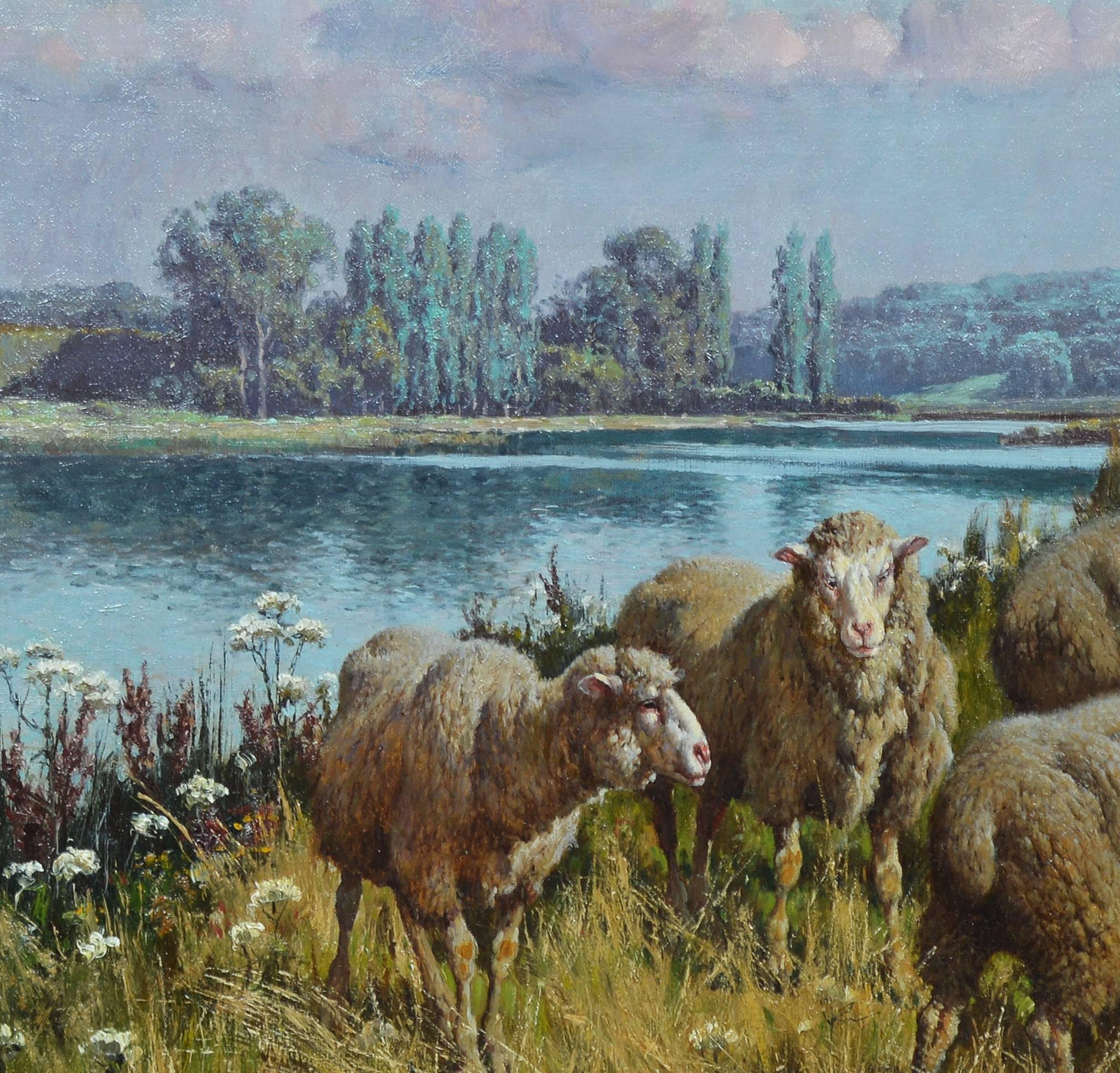 Grazing Near a River - American Impressionist Painting by William Baptiste Baird
