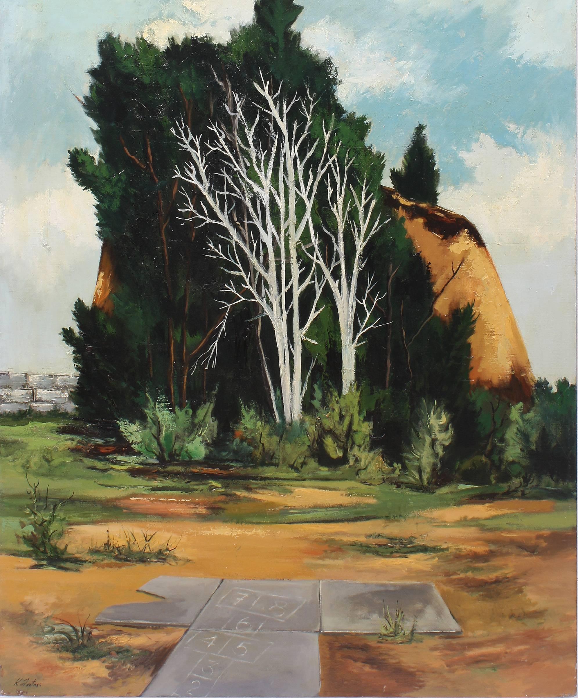 Landschaft der Moderne mit einem  Hop-S Scotch-Karton (Grau), Landscape Painting, von Karl Fortress