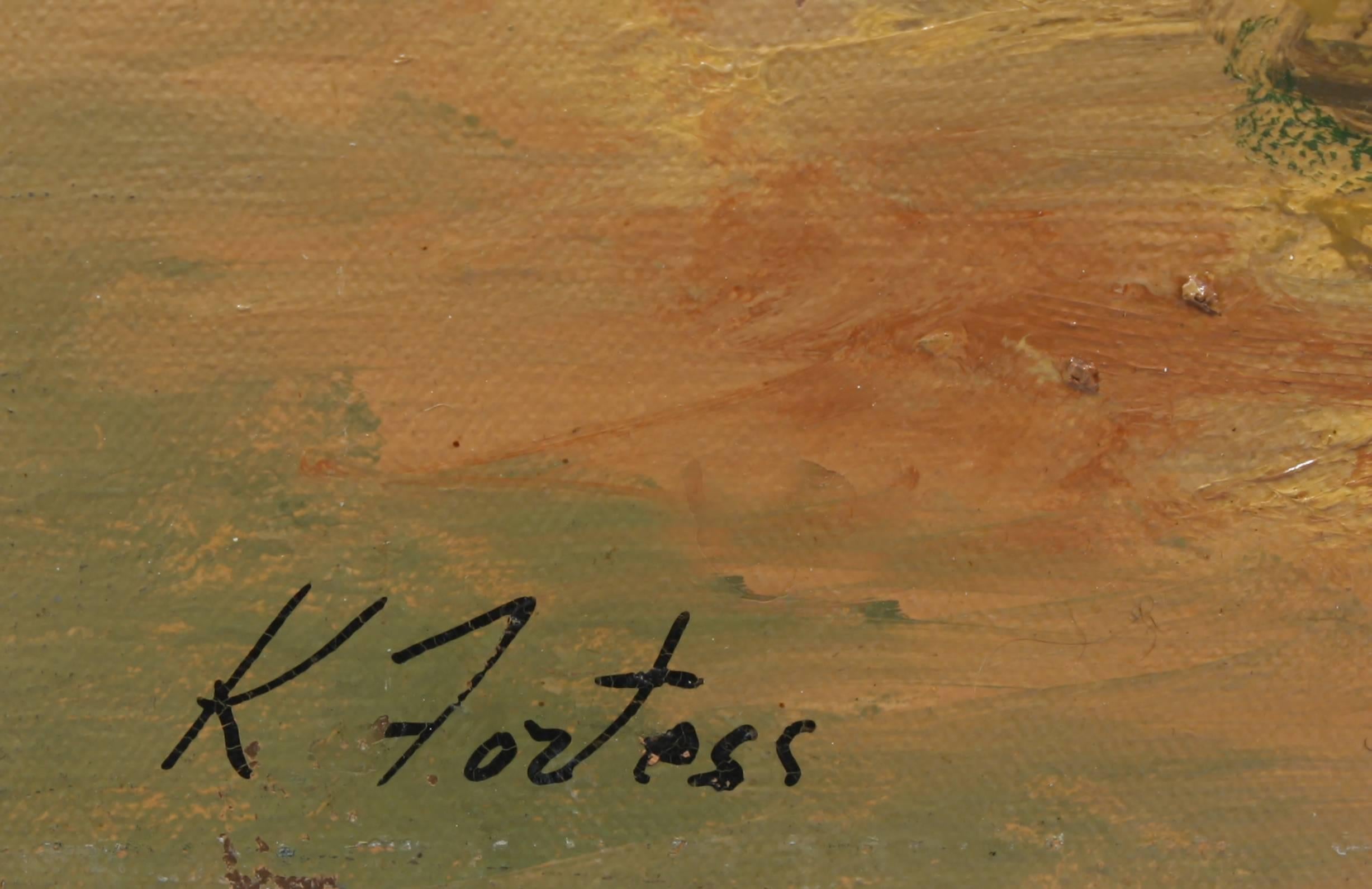 Ein modernistisches Ölgemälde des New Yorker Modernisten Karl Fortress (1907-1993).  Das Gemälde stammt aus dem Cornell Art Museum.  In ausgezeichnetem Originalzustand.  Signiert unten links 