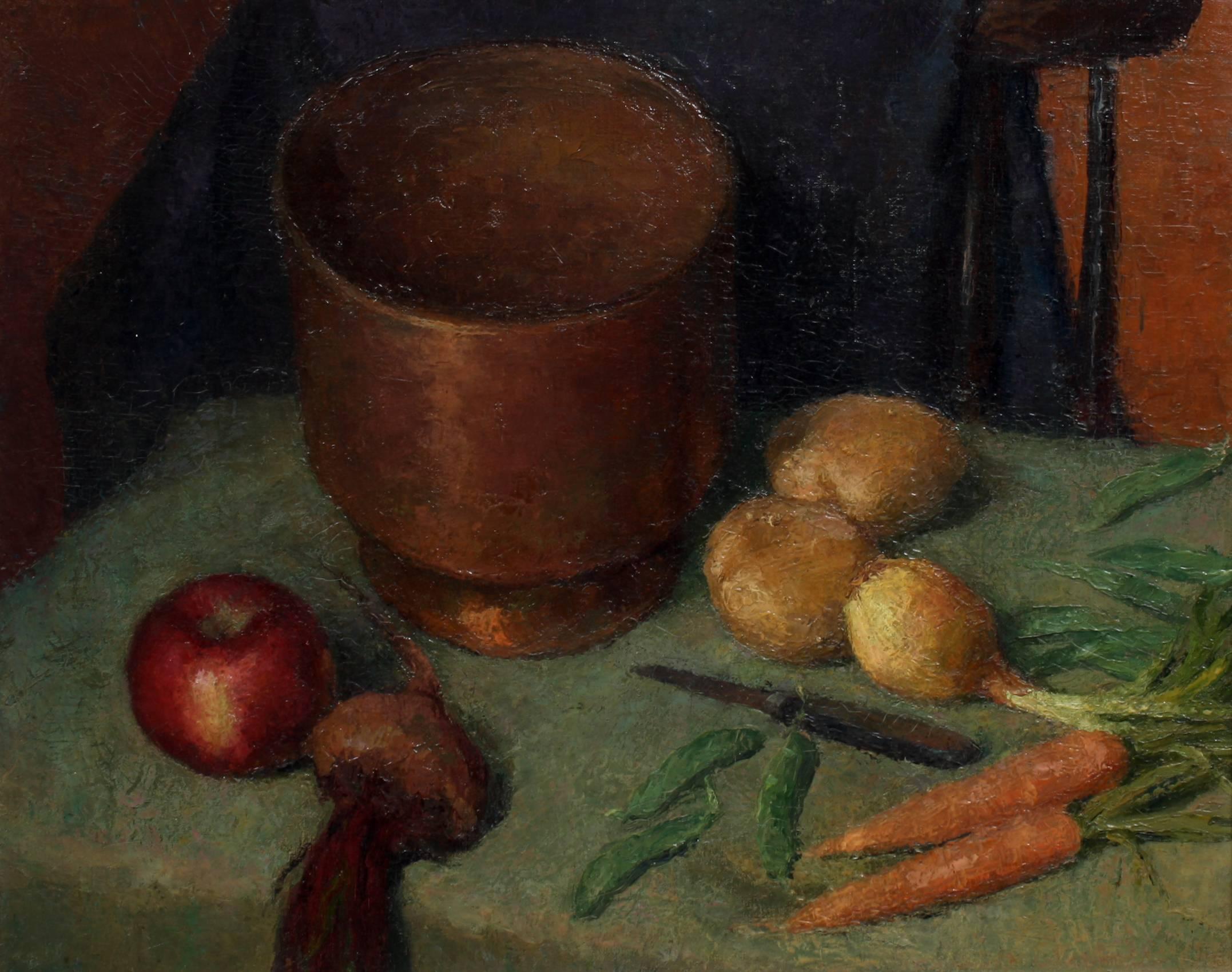 Unknown Still-Life Painting - Still life with Apple, Onion, Potato and Carrots