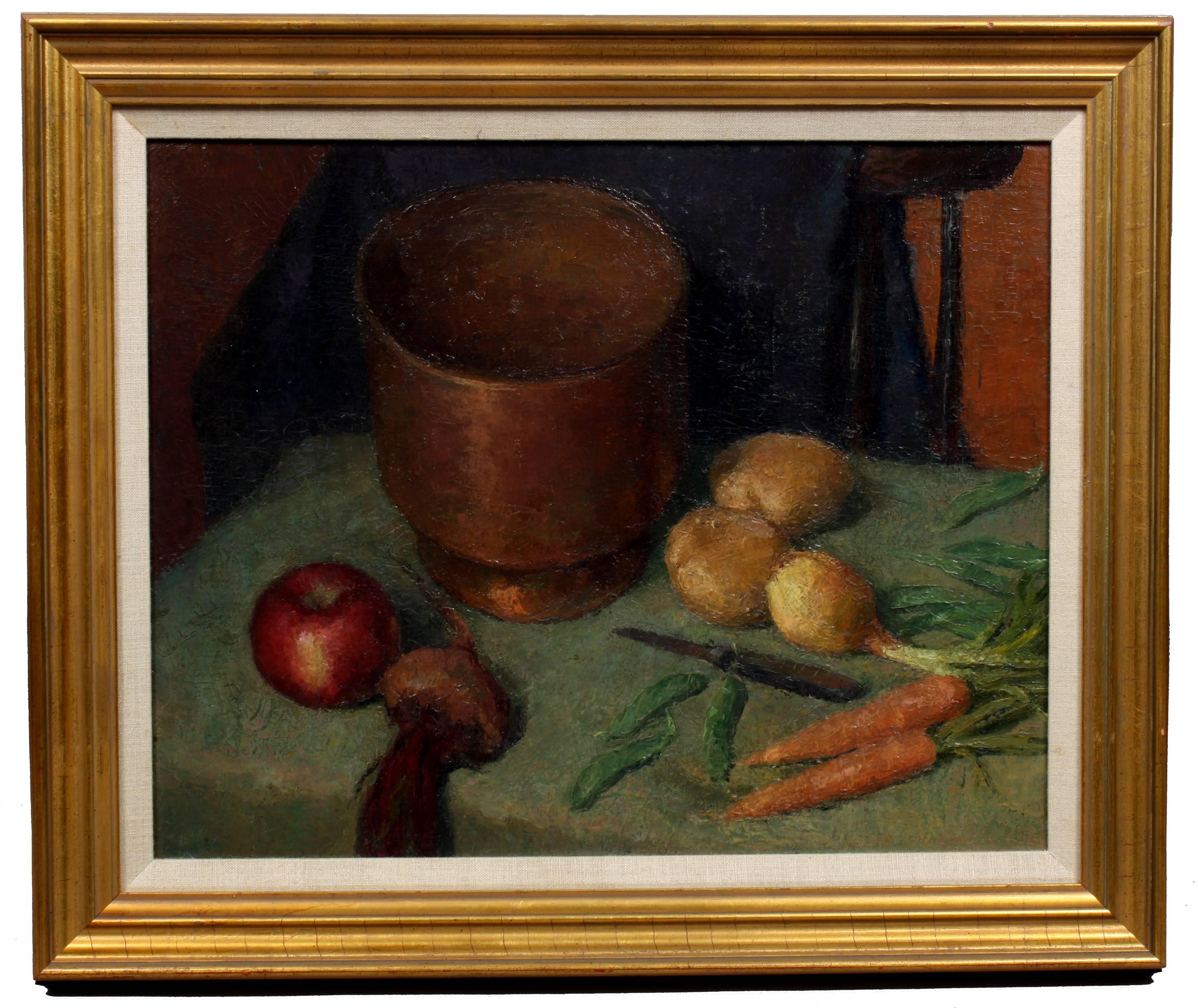 Still life with Apple, Onion, Potato and Carrots - Painting by Unknown