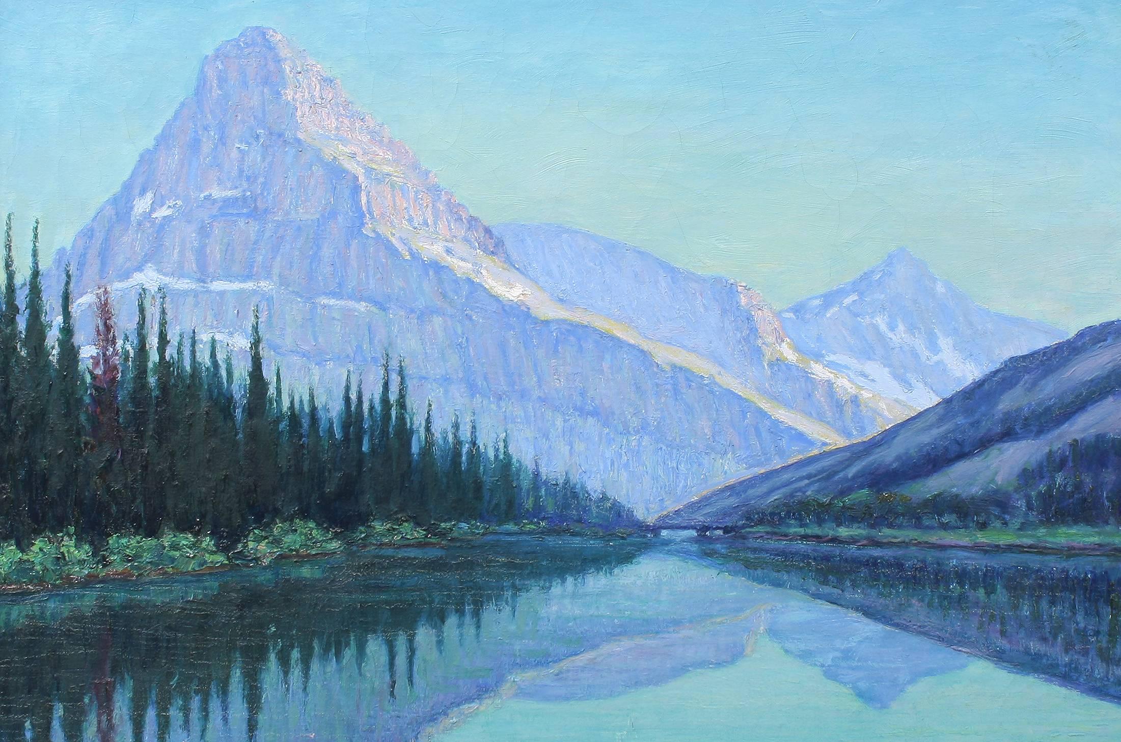 An impressionist oil painting by Robert Francis Williams (1881-1972) of Glacier National Park.   Oil on canvas.  Signed on lower right.  Displayed in a wood frame.  Image size, 24