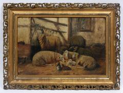 Antique American Barnyard Rural Scene Sheep Chickens