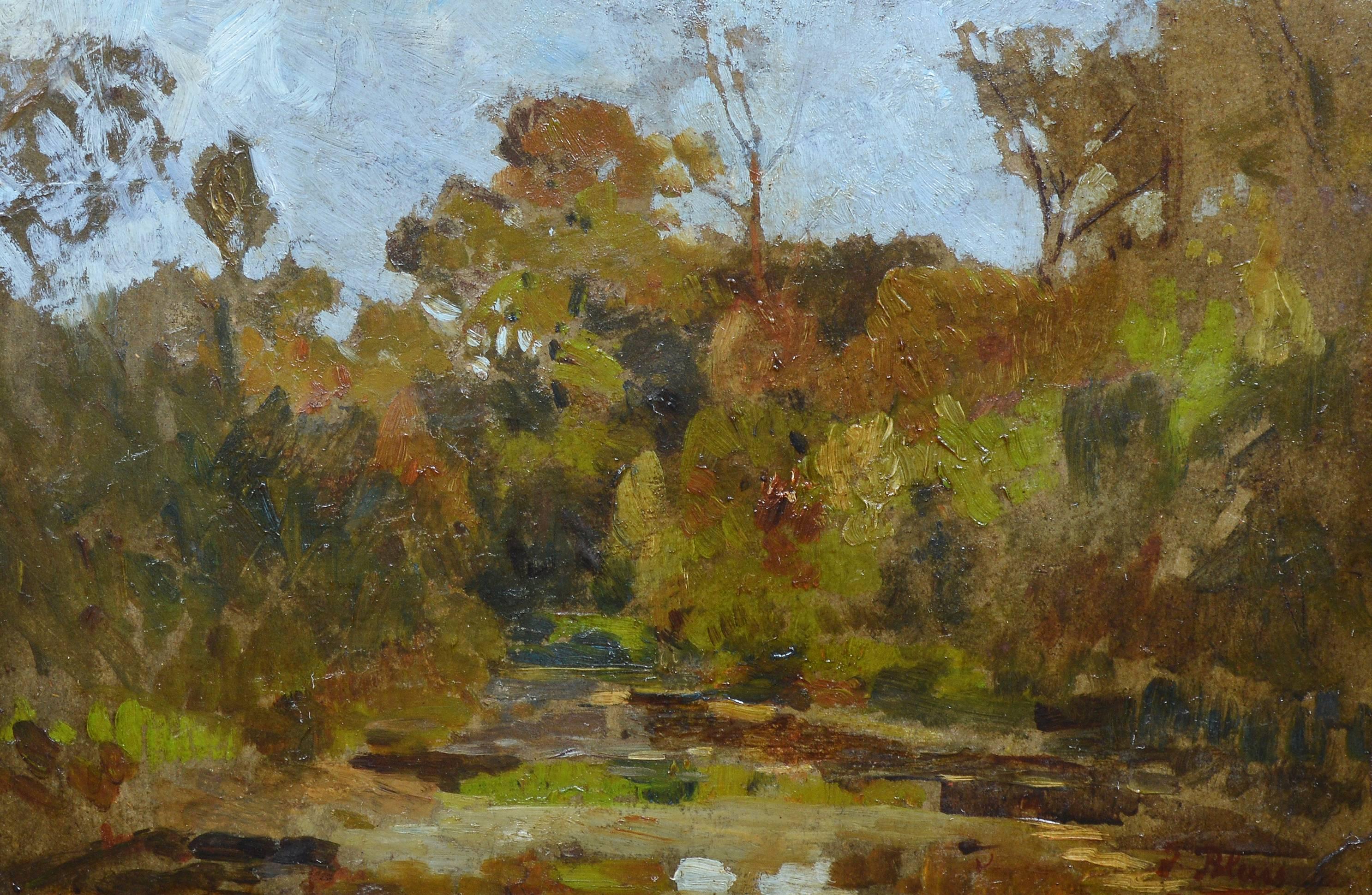 An impressionist style landscape by Tina Blau (1845-1916).  Oil on board, signed lower right.  Image size, 14.75