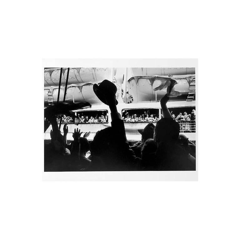 Jay Maisel Black and White Photograph - Cruise Ship Leaving, Crowd Waving