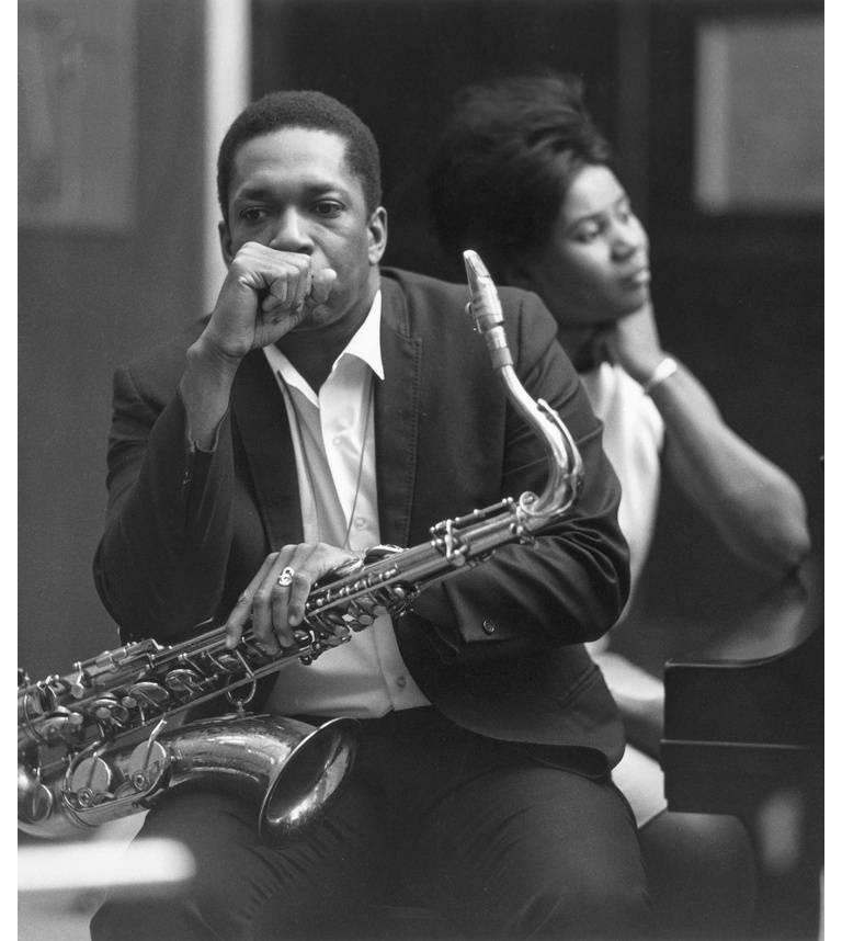 Chuck Stewart Black and White Photograph - John & Alice Coltrane, Englewood Cliff, New Jersey