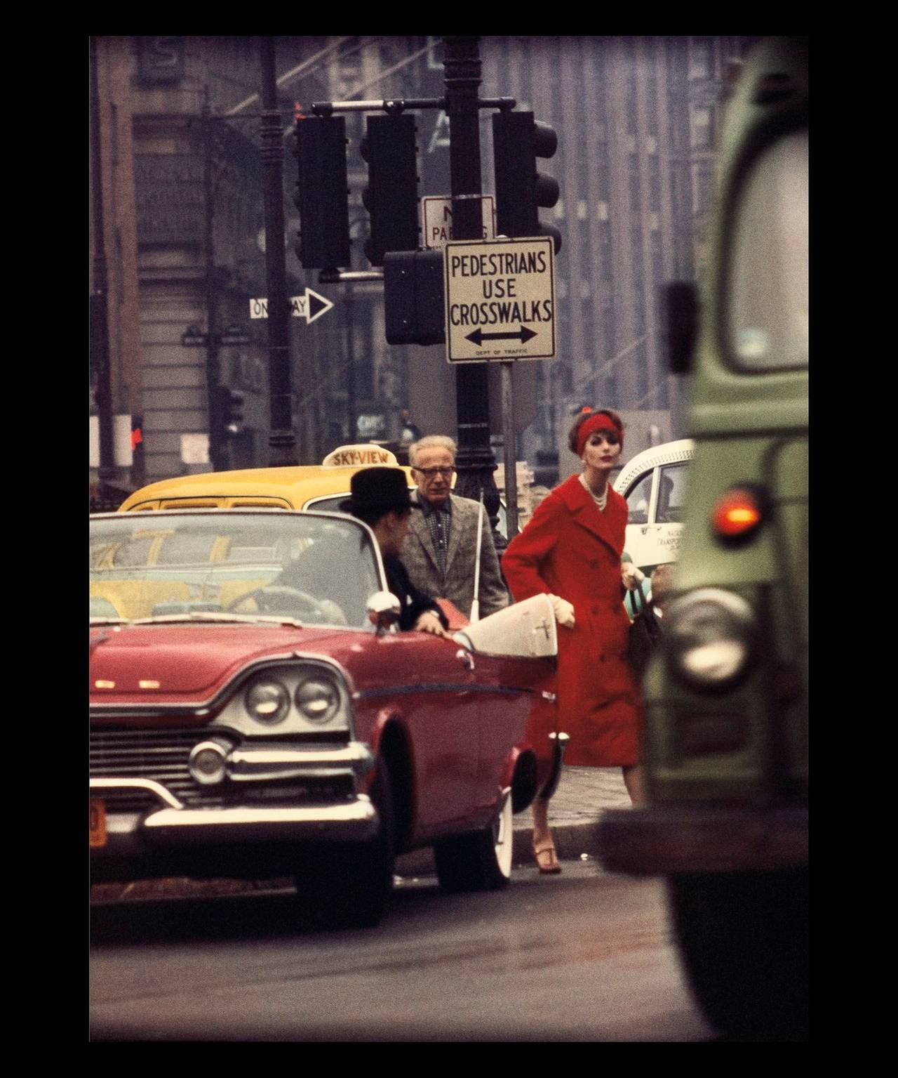 William Klein Color Photograph – Anne St. Marie + Cruiser in Traffic, NY (Vogue)