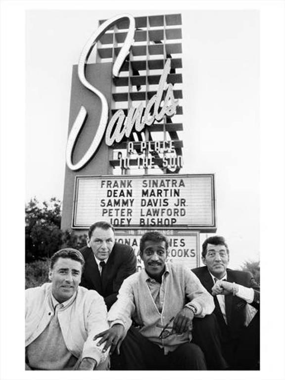 Bob Willoughby Black and White Photograph - Peter Lawford, Frank Sinatra, Sammy Davis Jr & Dean Martin in front of the Sands