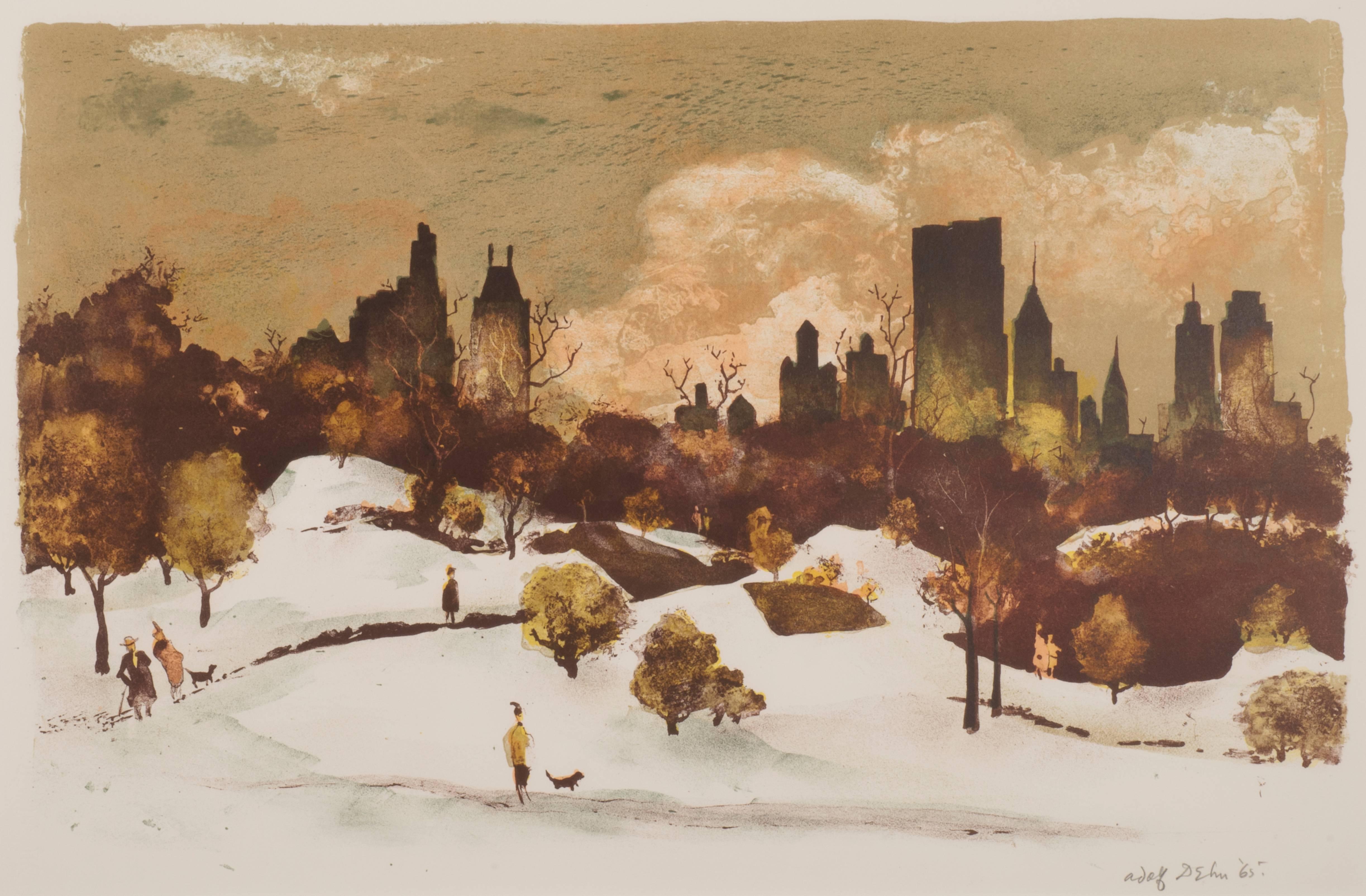Adolf Arthur Dehn Landscape Print - Central Park Winter (or Snow in Central Park)