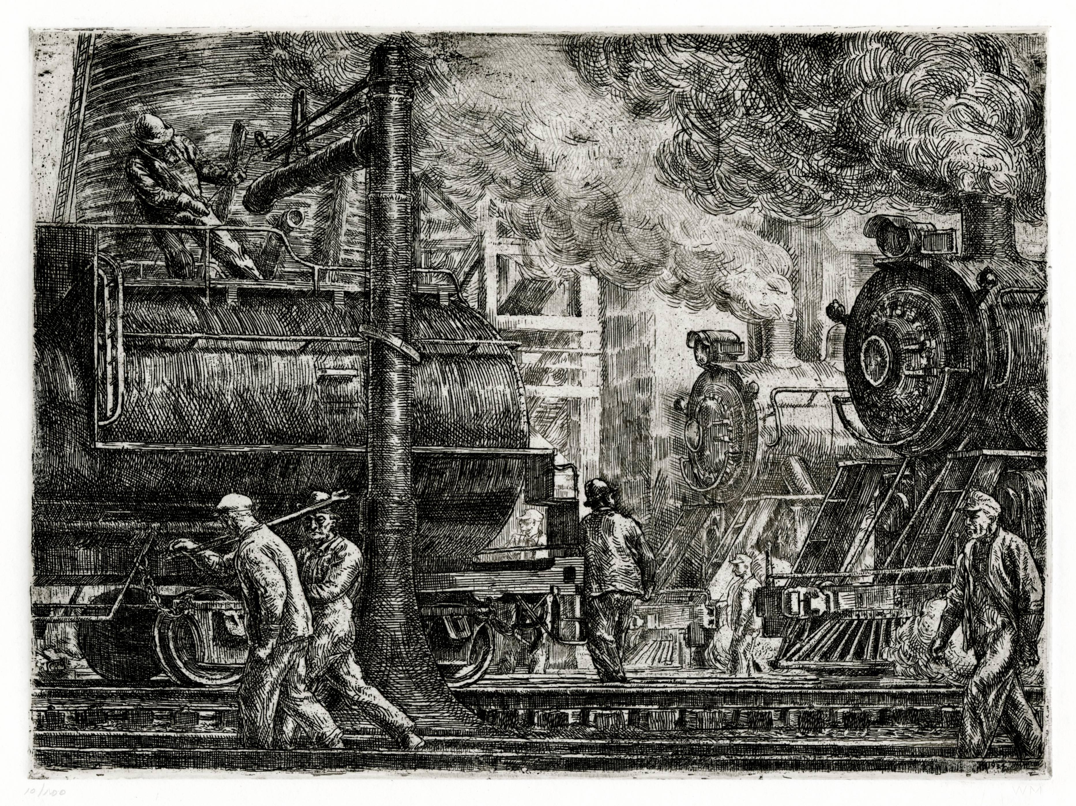 Reginald Marsh Landscape Print - Erie R.R. Locos Watering