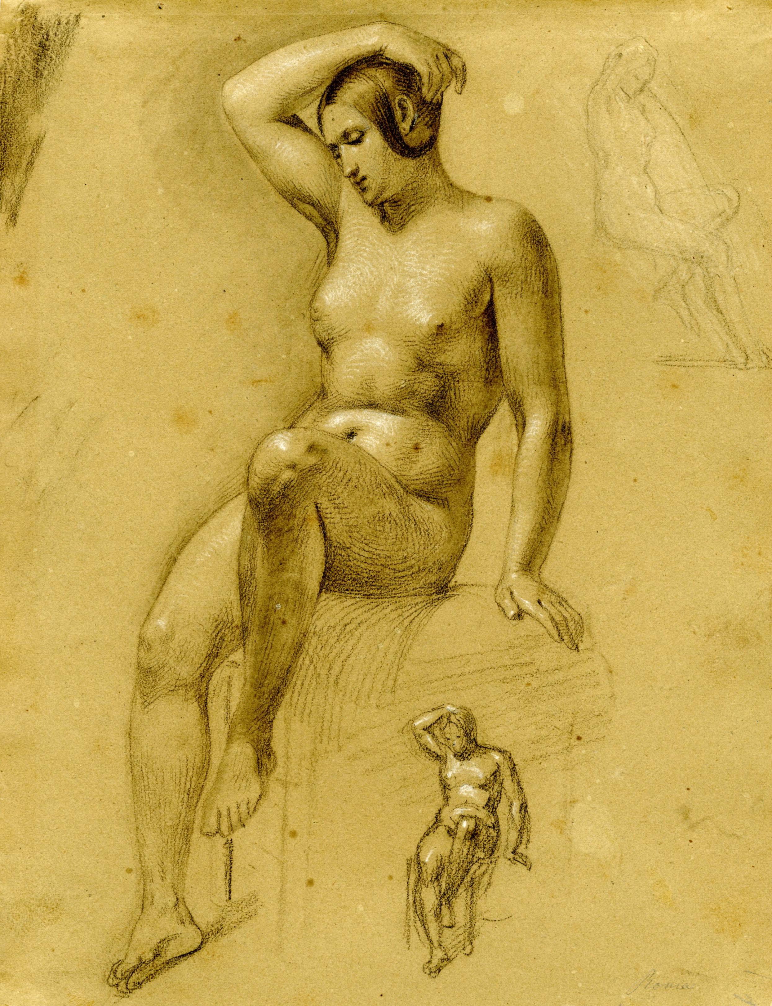 Henirich Schwemminger Nude - Study of a Seated Woman and Two Smaller Studies of the Same