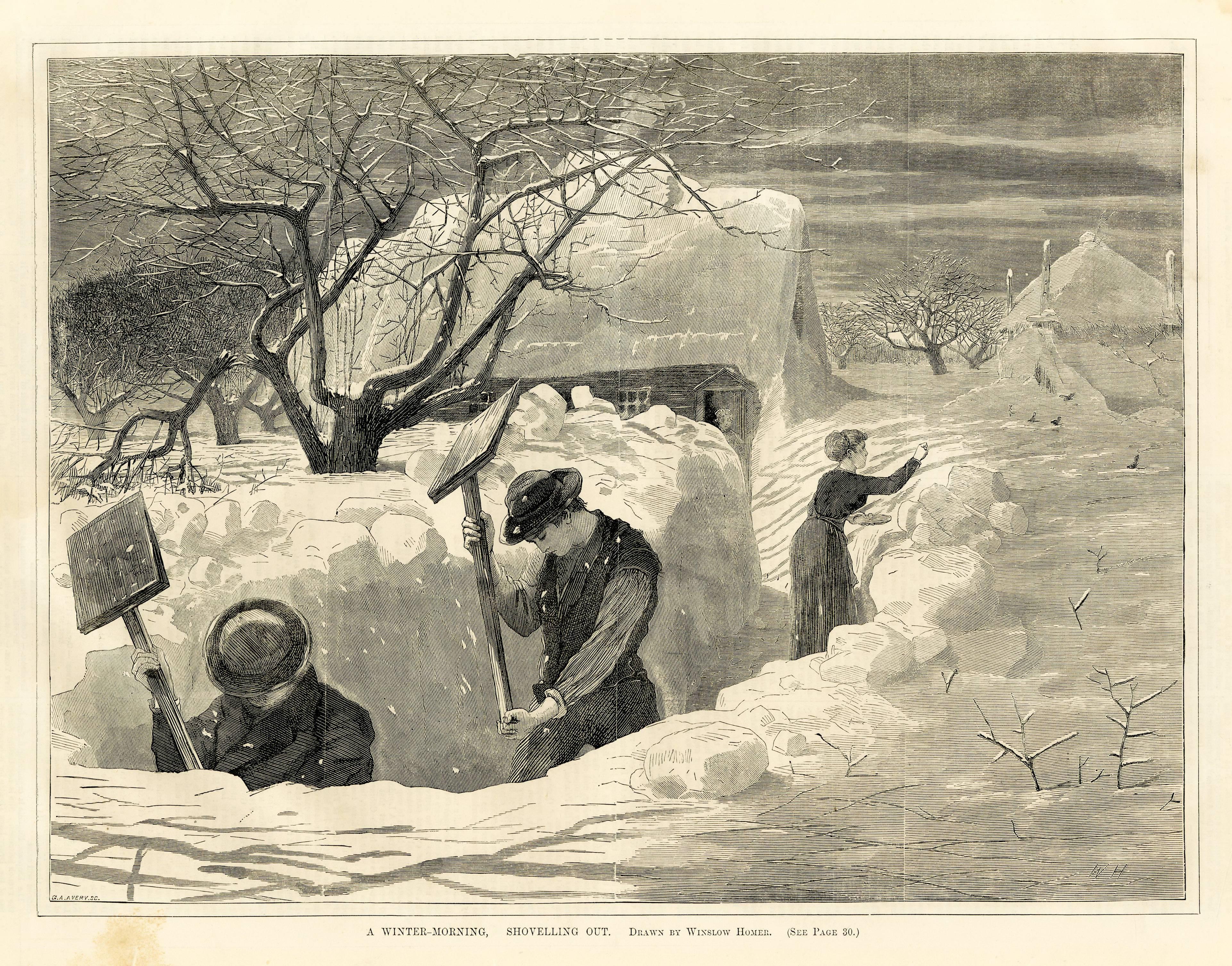 Winslow Homer Figurative Print - A Winter Morning, Shovelling Out