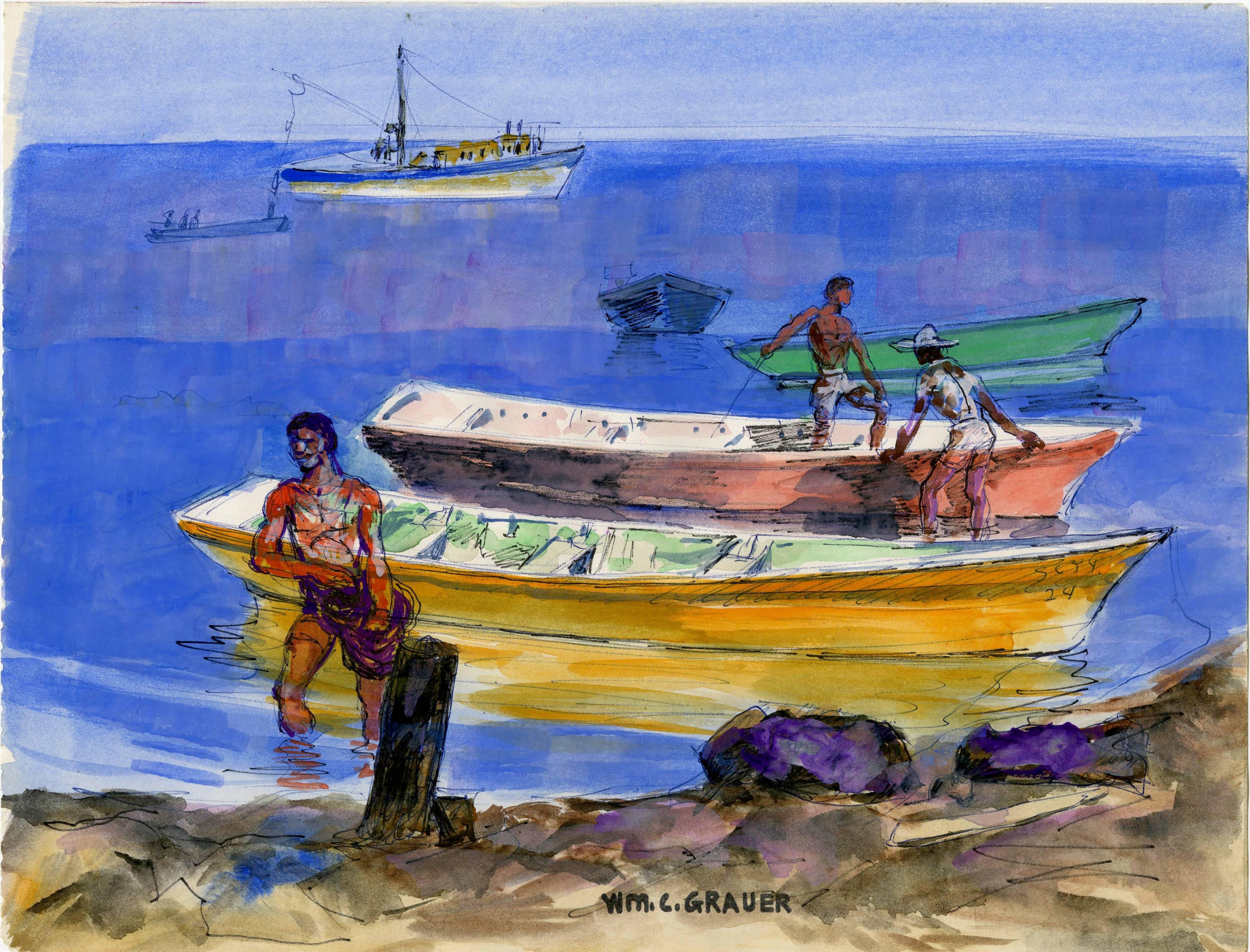 William Grauer Landscape Art - untitled (Returning Fishermen)