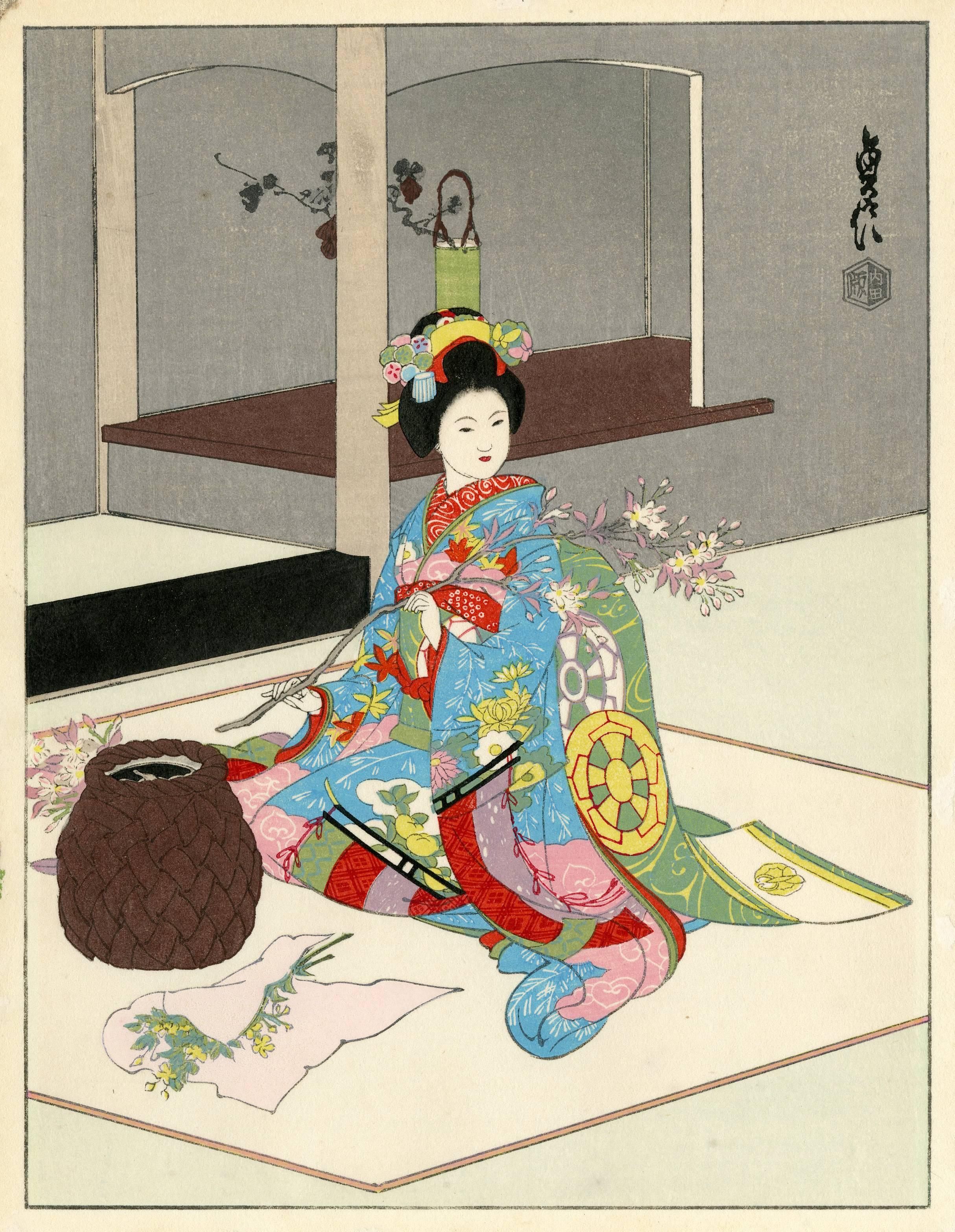 Hasegawa Sadanobu III Portrait Print - No. 2, A Maiko Arranging Flowers