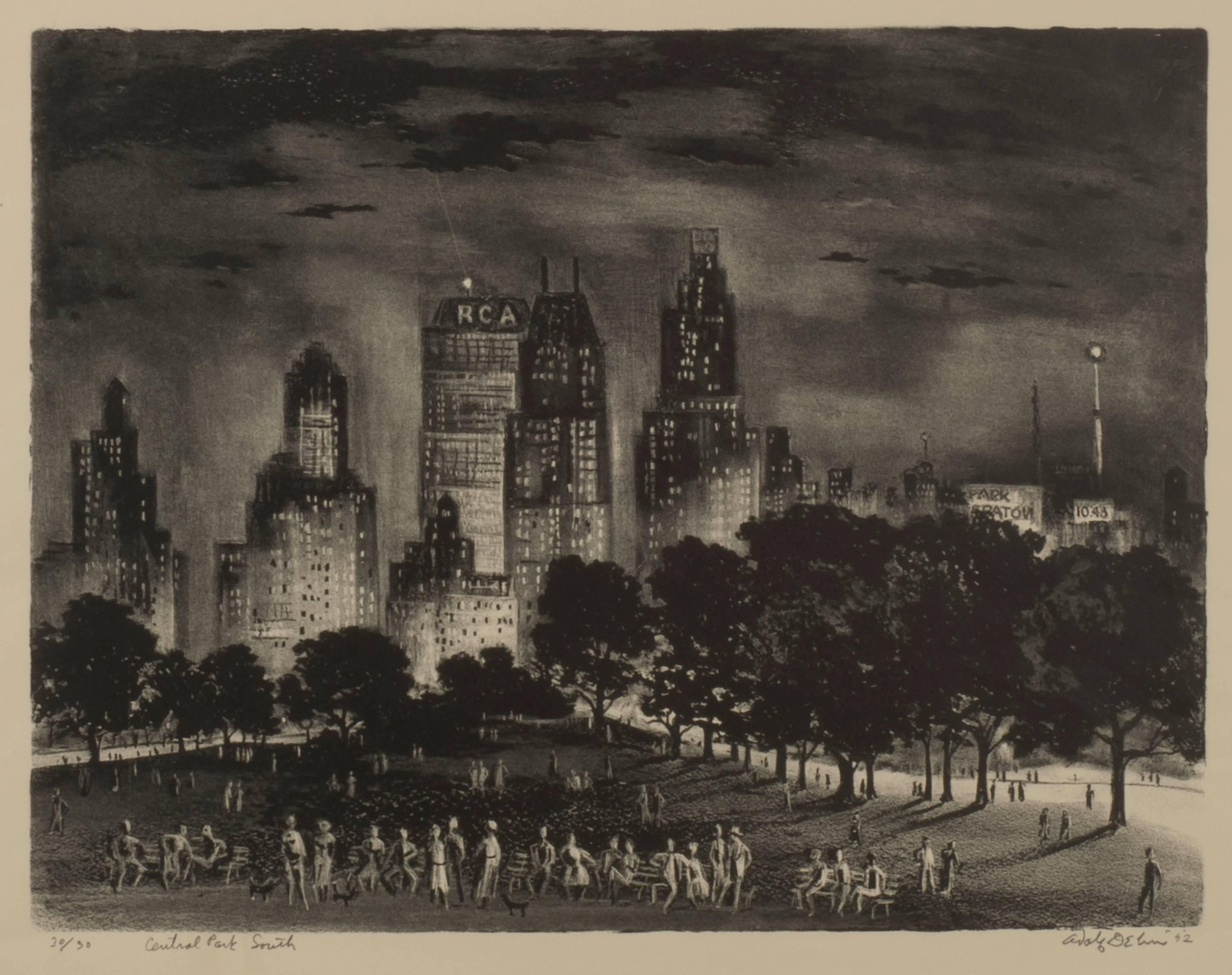 Adolf Arthur Dehn Landscape Print - Central Park South (or Central Park South Skyline)
