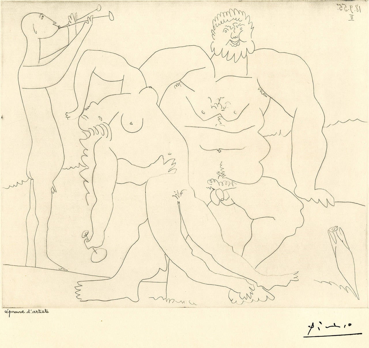 Pablo Picasso Figurative Print - Homme nu avec femme ivre et jeune flutiste