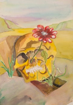 Surrealist landscape with skull and flower
