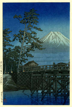 Vintage Mount Fuji on a moonlit night, Kawai Bridge