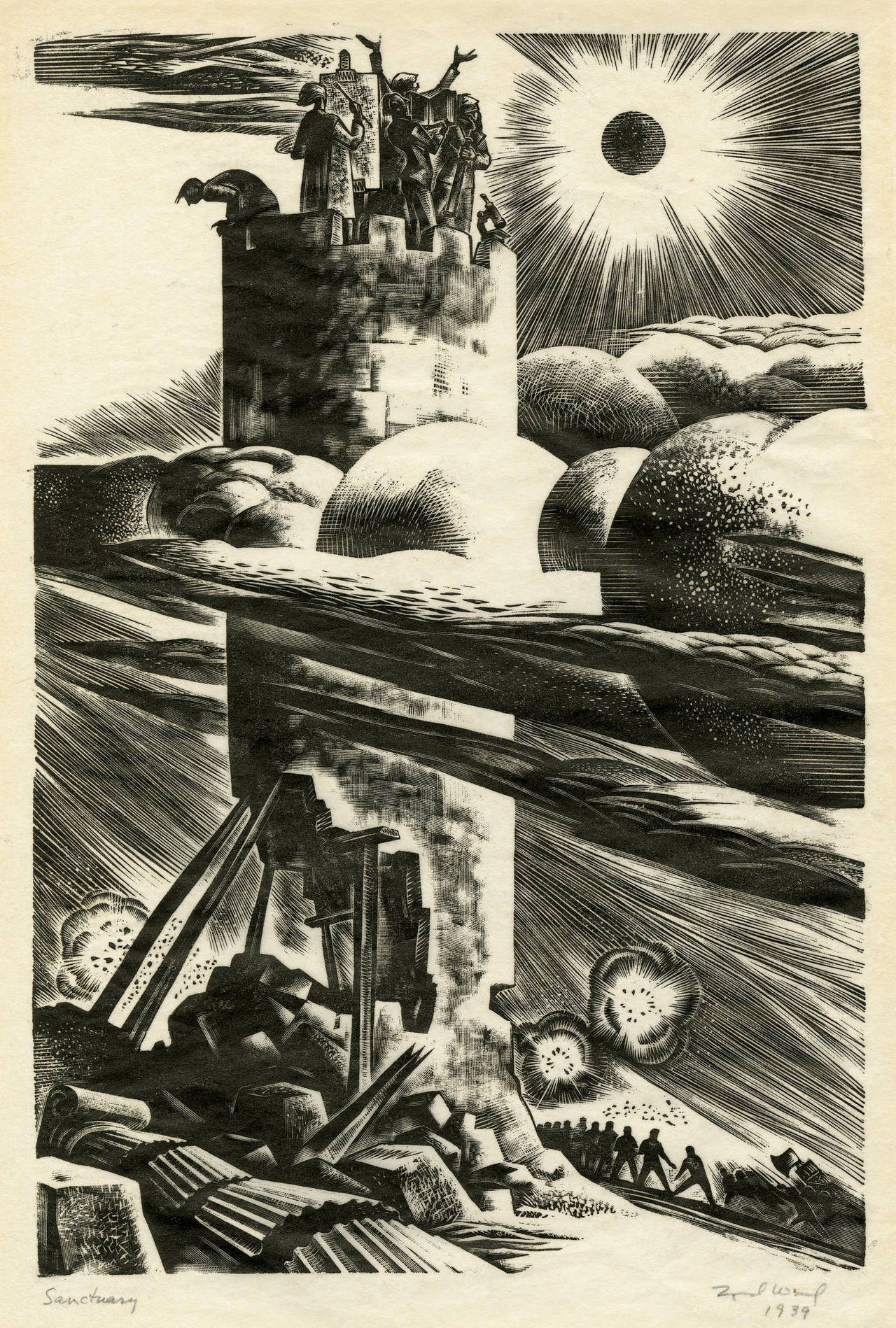 Lynd Ward Landscape Print - Sanctuary, The ivory tower above the fray. An artist is one of the residents.